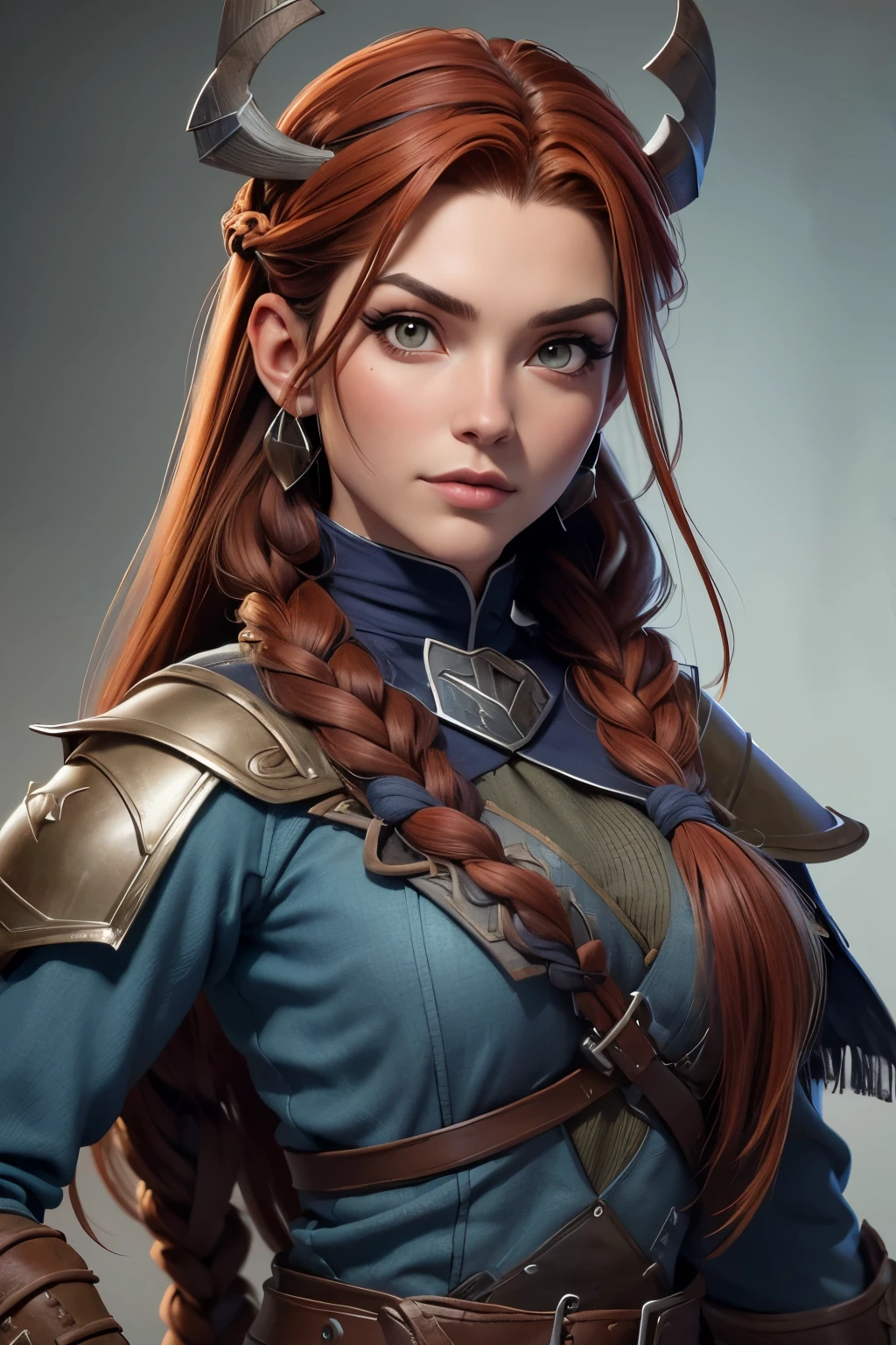 (mujer nordica:1.2),(Pintura de guerra en la cara), Maquillaje guerrero, (Ojos verdes:1.1),(muscular),(abrigo de piel),(falda de piel),(falditas),(Reddish brown hair color:0.9),(peinado vikingo),(loose hair with small braids on the scalp), (top con correa de cuero) plumas, capa sobre el hombro, bufas, (Blue, traje gris y marron:1.2), guerrero