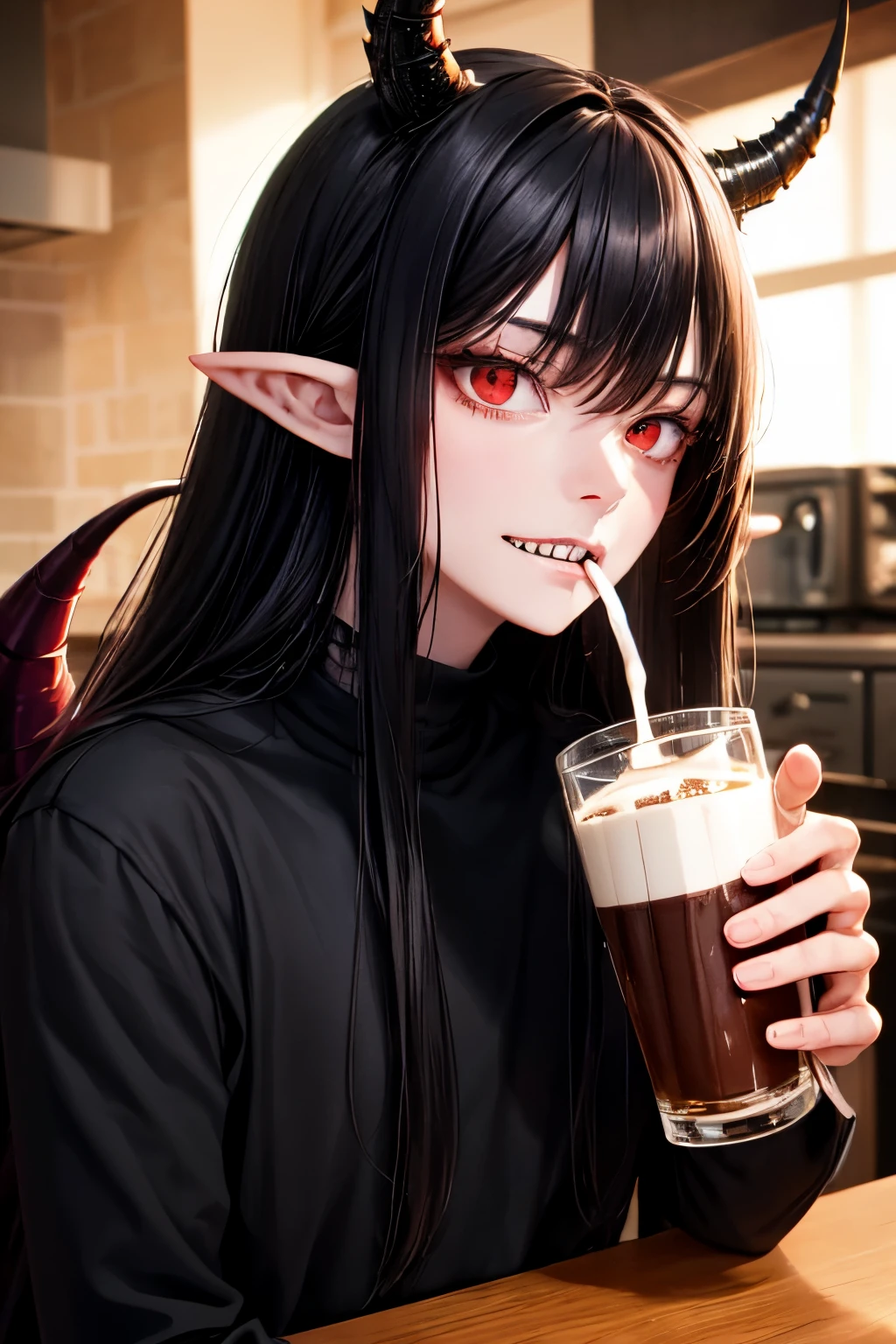 Close-up photo of a pale man, intricate details, dark modern kitchen, red eyes, long black hair, Highly detailed, Head, Upper body, Breathtaking, sharp focus, red, intricate details, Terrible, guy, sharp teeth, demon tail, black horns, drinking hot chocolate, pointy ears