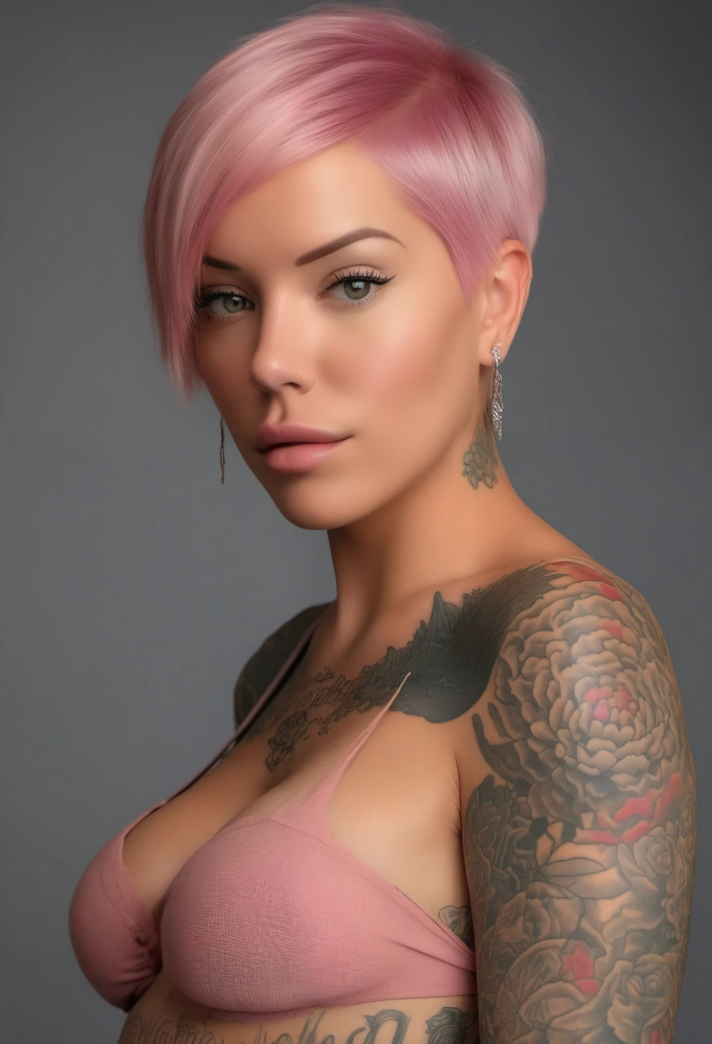 Laurence Bedard, an Instagram fashion model, exudes beauty and confidence in this photo-realistic masterpiece. With her short pink hair and a serene expression, she stands partially naked, showcasing her full body tattoos. The image, captured in 8K resolution with dynamic lighting, highlights her striking features and intricate tattoos, including the 'overcome' tattoo on her stomach and shoulder tattoos. This high-quality portrayal embodies elegance and aesthetic appeal, making it a top choice for admirers of fine art.