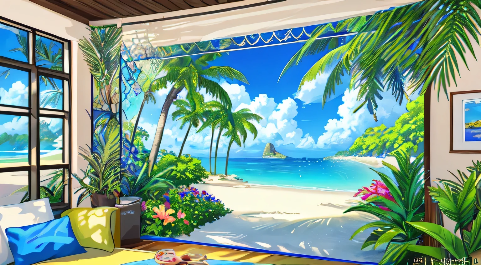masterpiece, highest quality, Sunny seaside, Vibrant tropical landscape with rolling palm trees, (Highly detailed CG unit 8k wallpaper) (highest quality), (best illustration), (best shadow) nature', blue sea, Delicate petal leaves of different colors falling in the light of the air Tracking, Super detailed--v6