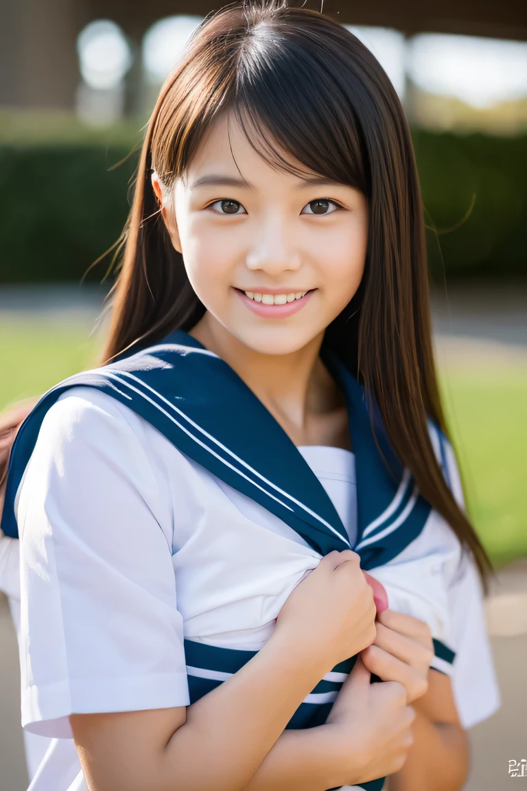 the chest of the shirt is open, embarrassed , 1girl, cute, 18 years old, smiling, look at viewer, sailor uniform, seifuku, photo, realistic, best quality, hires, detailed face, classroom, detailed background, diffused lighting, depth of field, bokeh, , portrait, , ( masterpiece), accurate, anatomically correct, f/1.8, 90mm, Fujifilm GFX 50R, raw photo, regina display, super detail, high details, high quality, best quality, highres, UHD, 1080p HD, 4K, 8K, beauty, face,