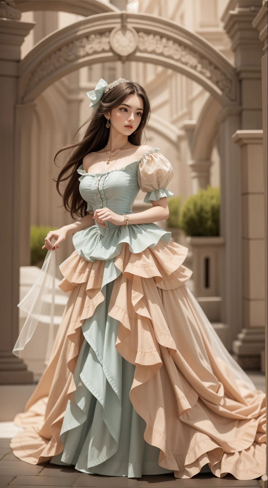 beautiful young woman, European view (A European view), in an intricate, romantic Victorian outfit