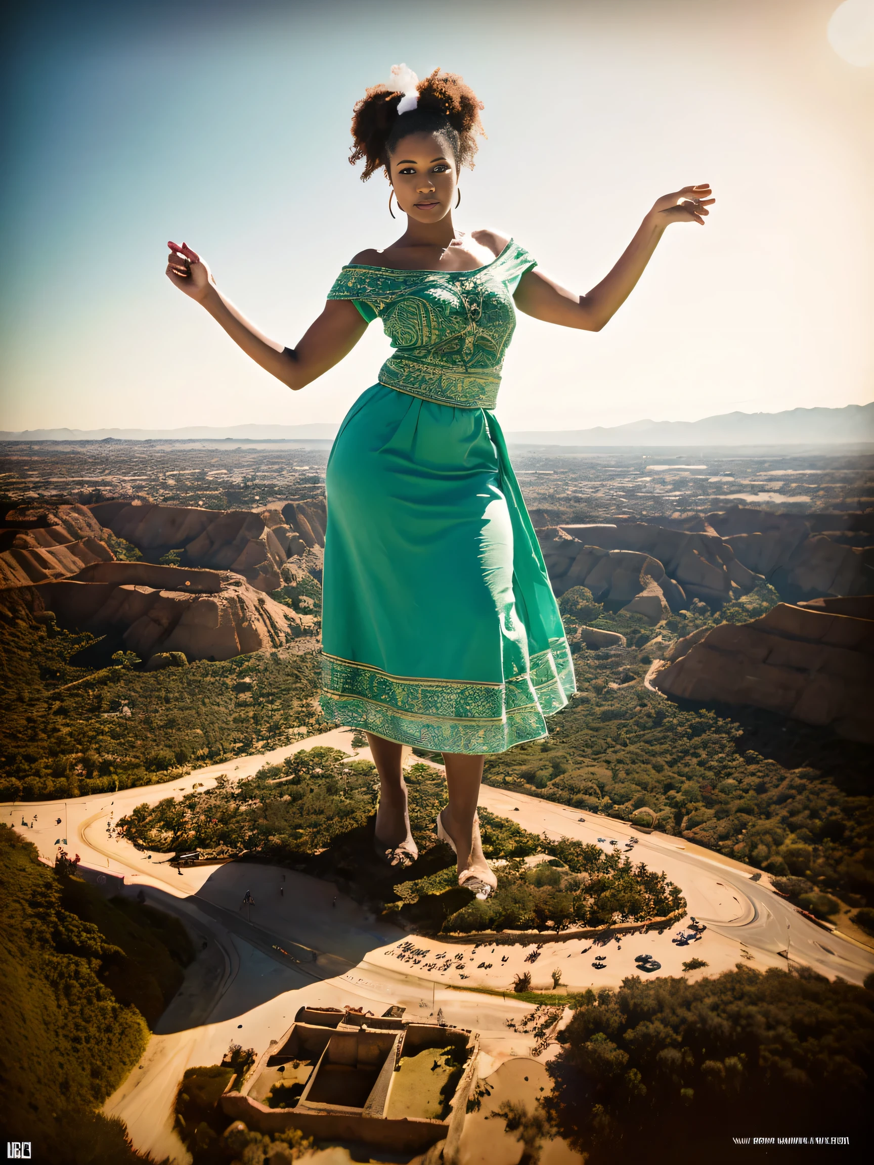 Very tall light skin Dominican woman with Afro puffs standing next to a pyramid in the desert waterfalls hanging vines ,(best quality,4k,8k,highres,masterpiece:1.2),ultra-detailed,(realistic,photorealistic,photo-realistic:1.37),HDR,vivid colors,sharp focus,physically-based rendering,extreme detail description,professional,portraits,landscape,horror,anime,sci-fi,photography,concept artists,rich color palette,strong sunlight casting shadows on the scene, vibrant green foliage, ancient and weathered pyramid with intricate carvings, mysterious atmosphere, dense vegetation,the woman wearing traditional Dominican clothing, confident and proud posture, with dynamic Afro puffs floating in the air, a sense of cultural pride emanating from the character, mesmerizing gaze and captivating expression on the woman's face.