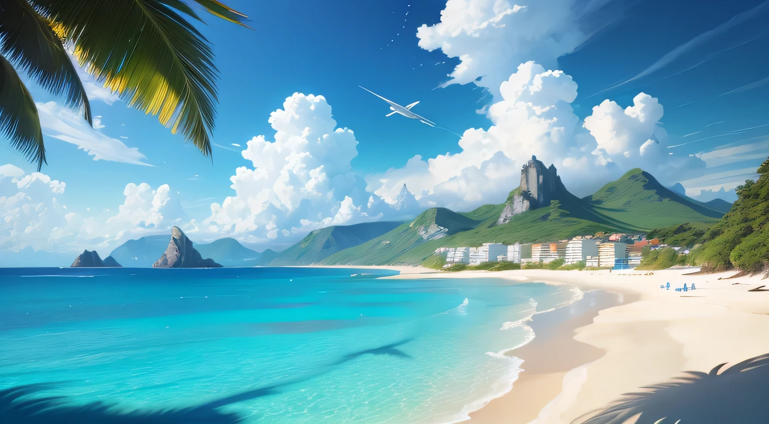 summer, seaside, island, clear water, blue gradient water, clear water, island, coco, paradise, big cloud, blue sky, hot weather, HD detailed, hyper detail, cinematic, surrealism, soft light, deep field focus bokeh, snowy mountains in the distance, ray tracing, and surrealism. - 6 o'clock'clock