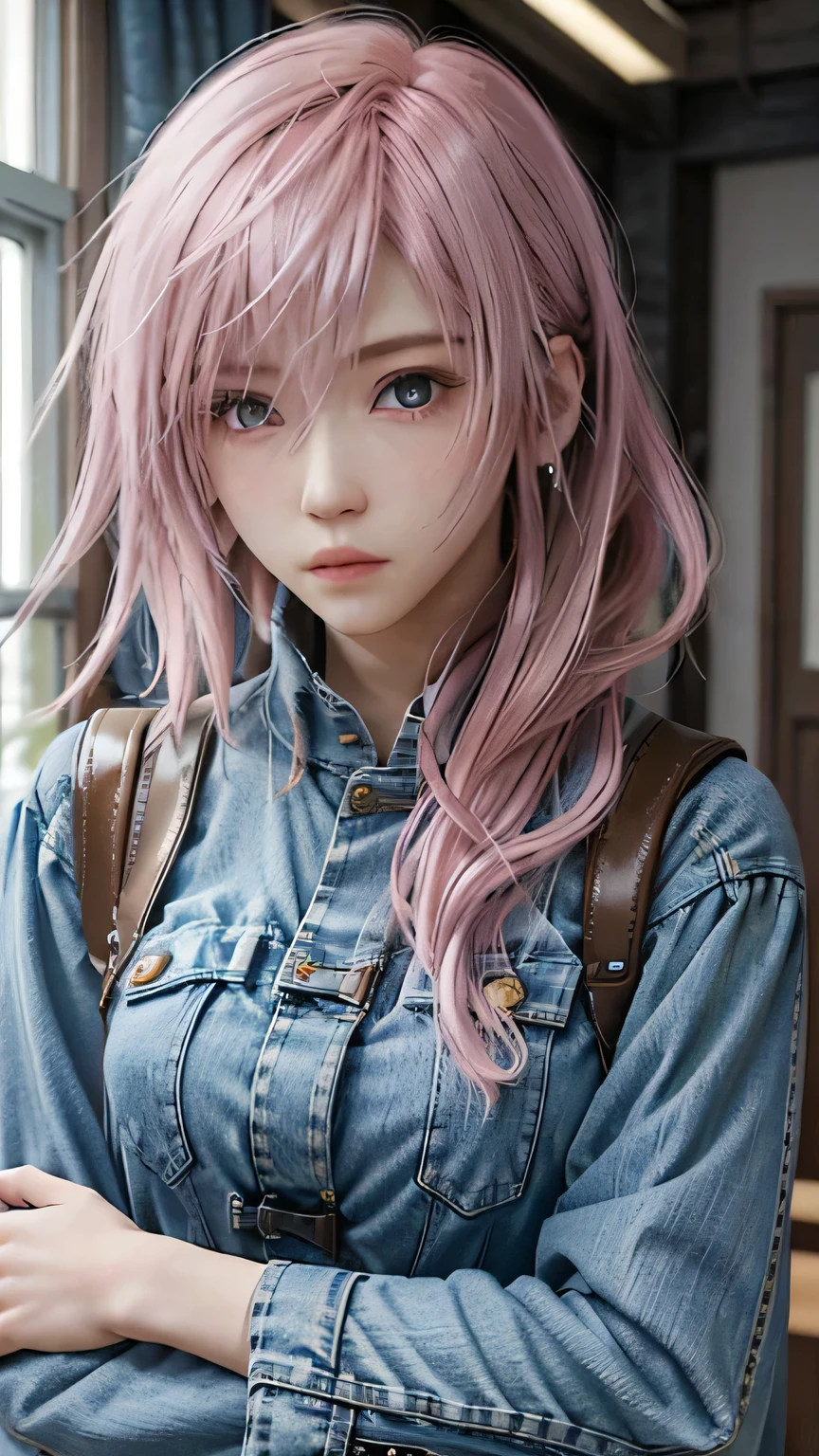 (masterpiece, highest quality:1.3)
 1 girl, alone, long hair, pink hair、Private Server、denim