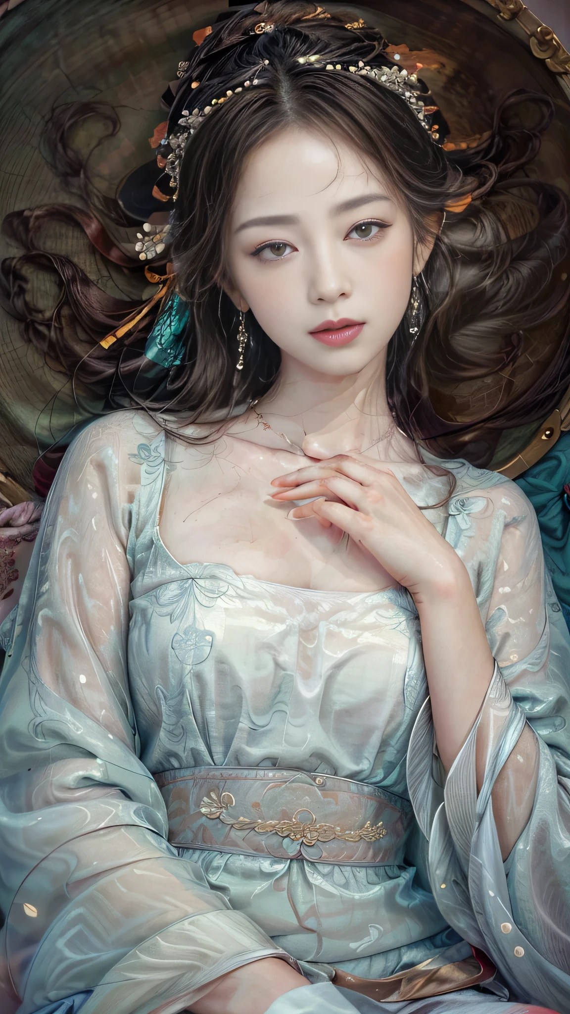 (highest quality,4k,8K,High resolution,masterpiece:1.2),Super detailed,(realistic,photorealistic,photo-realistic:1.37), bright colors,strong contrast, dreamy lighting,Classic beauty,traditional painting style,gorgeous clothes,complex pattern,calm expression,Posed,peaceful garden atmosphere,flowing gown,delicate accessories,exquisite hair ornament,subtle makeup,emerald earrings,whisper of beauty,sublime elegance,feminine elegance,fine brush strokes,rich in details,Seamless fusion of tradition and modernity,chinese classical garden,With the Huangshan Mountains in the background,Artistic expression of a young woman in ancient China,A captivating depiction of timeless beauty.