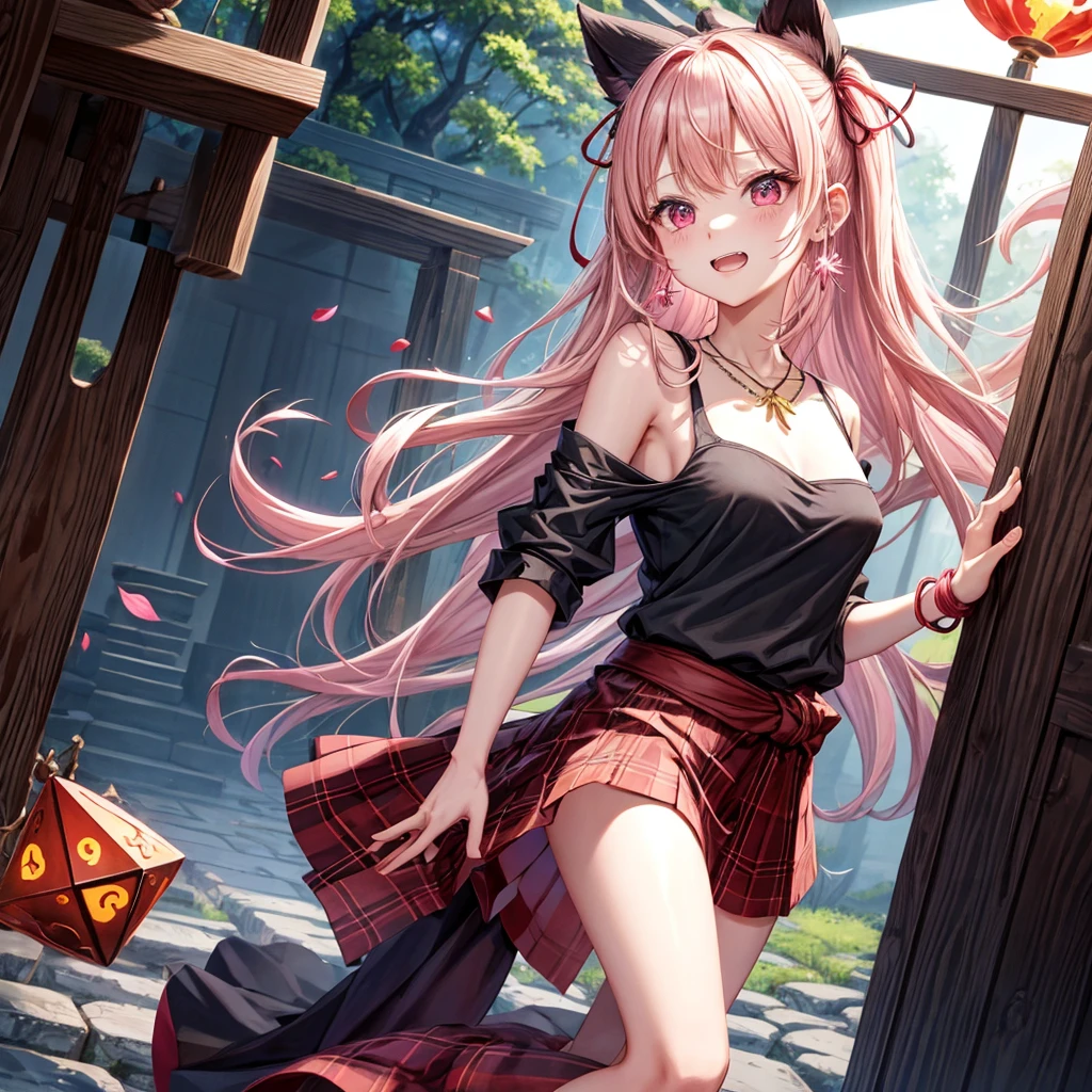pink blonde、red eyes、one good looking girl、solo、anime、plaid mini skirt、black camisole、black t-shirt、dress、wearing a ribbon、ribbon at waist、cloak、hood、stone slabs are piled up、crystal earrings、jewelry necklace、Light and shadow、walking、clock、universe、vine plant、petal、tilting one&#39;s face、teeth are visible、fire spirit、book of magic、Cube、bamboo forest、lava、Plum blossom