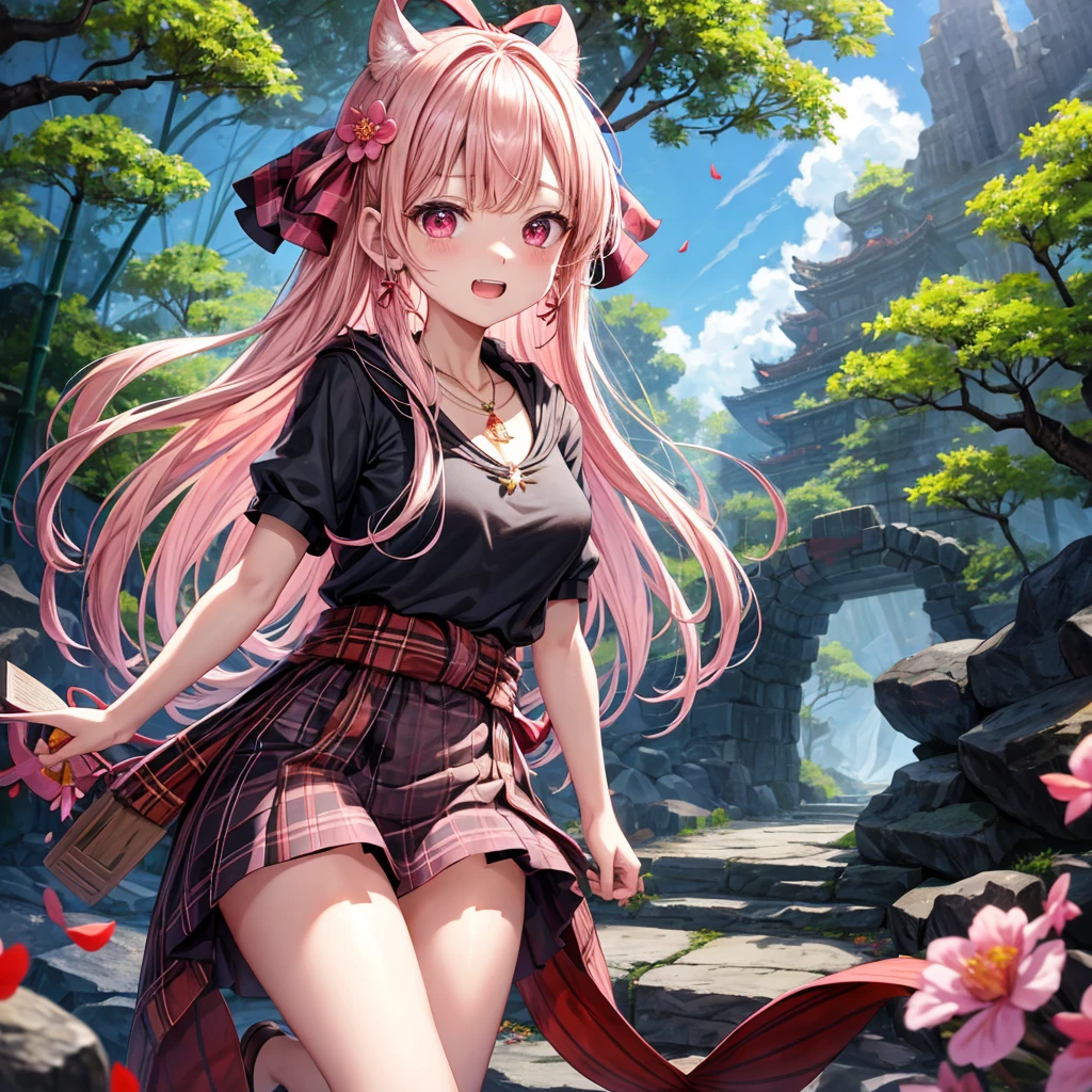 pink blonde、red eyes、one good looking girl、solo、anime、plaid mini skirt、black camisole、black t-shirt、dress、wearing a ribbon、ribbon at waist、cloak、hood、stone slabs are piled up、crystal earrings、jewelry necklace、Light and shadow、walking、clock、universe、vine plant、petal、tilting one&#39;s face、teeth are visible、fire spirit、book of magic、Cube、bamboo forest、lava、Plum blossom