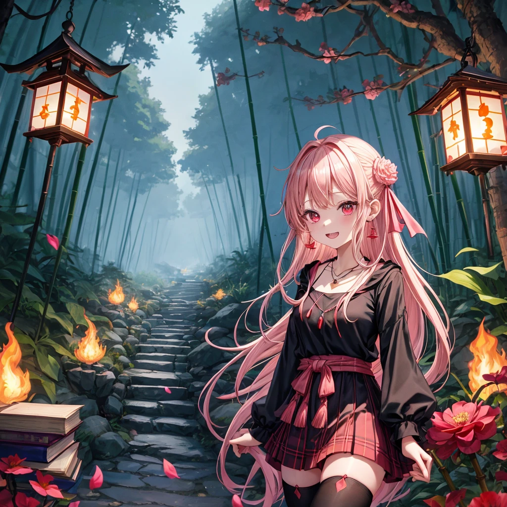 pink blonde、red eyes、one good looking girl、solo、anime、plaid mini skirt、black camisole、black t-shirt、dress、wearing a ribbon、ribbon at waist、cloak、hood、stone slabs are piled up、crystal earrings、jewelry necklace、Light and shadow、walking、clock、universe、vine plant、petal、tilting one's face、teeth are visible、fire spirit、book of magic、Cube、bamboo forest、lava、Plum blossom
