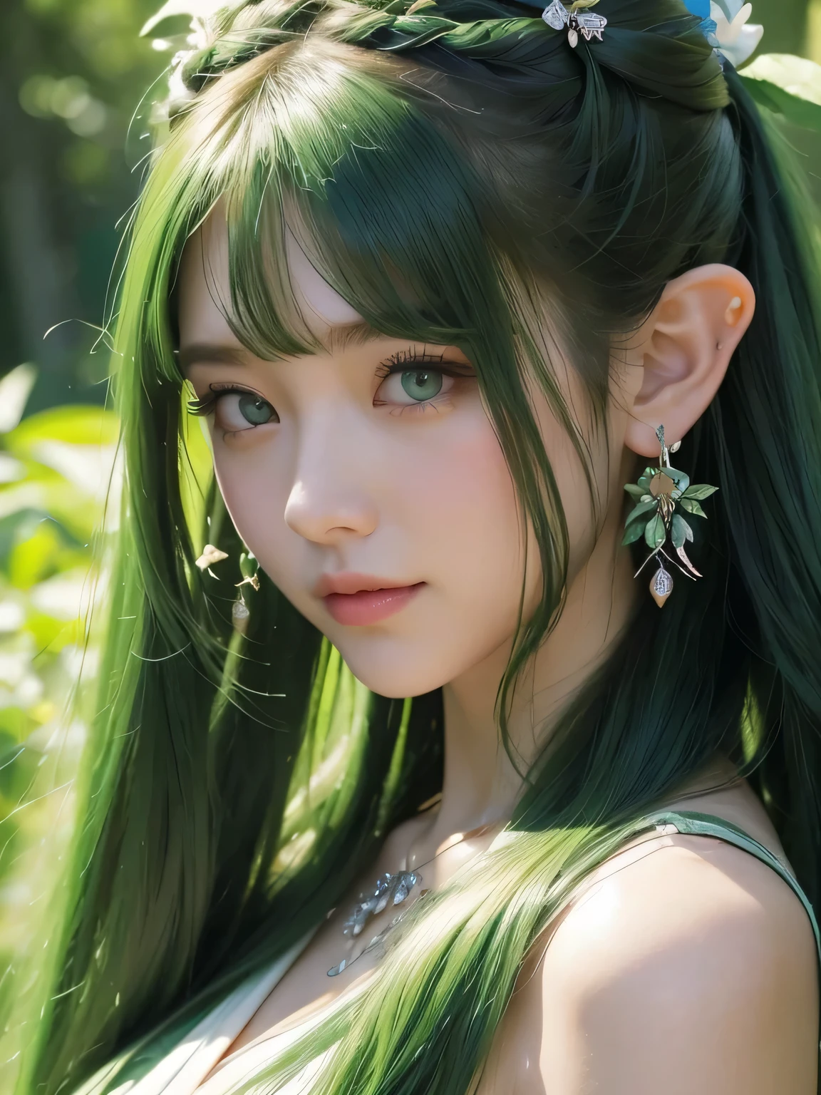A fascinating and mysterious sorcerer emerges from the depths of a magical forest...., wears elaborate robes woven with intricate mystical symbols. dense tree々々々Soft sunlight shines in, A mysterious appearance that radiates an enchanting shine. 彼女の目は古世generationの知恵と魔法で輝いています, Delicate ivy vines and bright flowers々々々々Intertwined with her flowing hair. in the background, Inhabited by mythical creatures and forest spirits,clavicle、earrings、necklace、emerald green hair、green eyes、 1 girl, delicate eyes, double eyelid,, necklace、close up of face、close up of face、２０generation、all green hair、green eyes、close up of face、elf ears、serious expression、Brown headband、random pose、twin tails、ponytail、smile、