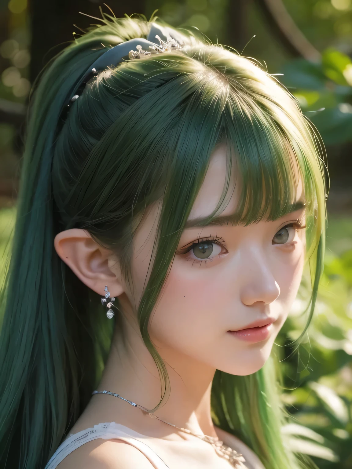 A fascinating and mysterious sorcerer emerges from the depths of a magical forest...., wears elaborate robes woven with intricate mystical symbols. dense tree々々々Soft sunlight shines in, A mysterious appearance that radiates an enchanting shine. 彼女の目は古世generationの知恵と魔法で輝いています, Delicate ivy vines and bright flowers々々々々Intertwined with her flowing hair. in the background, Inhabited by mythical creatures and forest spirits,clavicle、earrings、necklace、emerald green hair、green eyes、 1 girl, delicate eyes, double eyelid,, necklace、close up of face、close up of face、20generation、all green hair、green eyes、close up of face、elf ears、serious expression、Brown headband、random pose、twin tails、ponytail、smile、