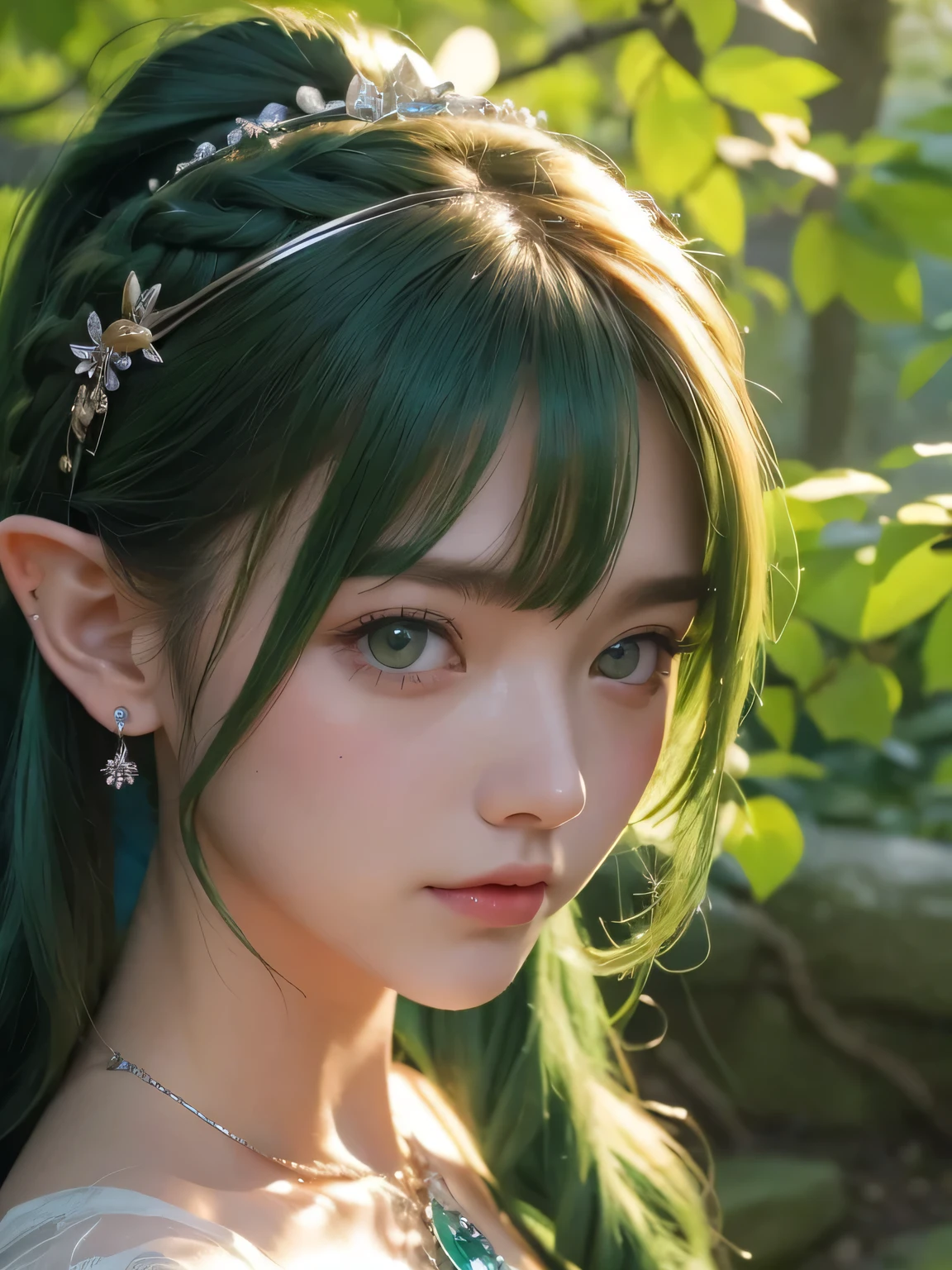 A fascinating and mysterious sorcerer emerges from the depths of a magical forest...., wears elaborate robes woven with intricate mystical symbols. dense tree々々々Soft sunlight shines in, A mysterious appearance that radiates an enchanting shine. 彼女の目は古世generationの知恵と魔法で輝いています, Delicate ivy vines and bright flowers々々々々Intertwined with her flowing hair. in the background, Inhabited by mythical creatures and forest spirits,clavicle、earrings、necklace、emerald green hair、green eyes、 1 girl, delicate eyes, double eyelid,, necklace、close up of face、close up of face、20generation、all green hair、green eyes、close up of face、elf ears、serious expression、Brown headband、random pose、twin tails、ponytail、smile、