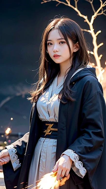 (skindentation:1.5), Realistic, Photorealistic, (masterpiece:1.5), concept art, intricate details, highly detailed, photorealistic, octane render, 8k, unreal engine, dynamic pose, best quality, highres, (realistic face:1.1), (hyperrealistic:1.1), ((full_body)), perfect eyes,(shiny skin:1.2), (((hairstyle))), (((perfect hands))), (extremely detailed background), ((dynamic background)), ((lightning)), (light rays), ((1girl)), wearing cloak, (((flowing cloak))), ((detailed eyes, high quality eyes, high quality face)), (extremely intricate robes, magical robes), short hair, casting lightning, electricity, swirling fire, radiating power, sparks, smoke, magic, ((dramatic)), epic, battlefield, depth of field, bokeh, 4k, gothic, ember, particles
