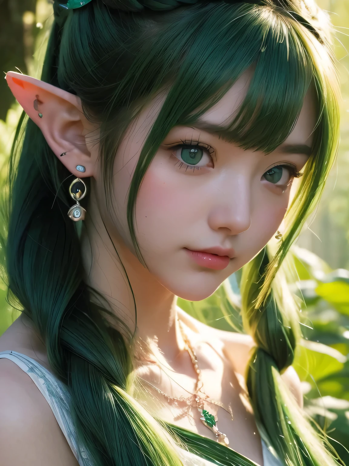 A fascinating and mysterious sorcerer emerges from the depths of a magical forest...., wears elaborate robes woven with intricate mystical symbols. dense tree々々々Soft sunlight shines in, A mysterious appearance that radiates an enchanting shine. 彼女の目は古世generationの知恵と魔法で輝いています, Delicate ivy vines and bright flowers々々々々Intertwined with her flowing hair. in the background, Inhabited by mythical creatures and forest spirits,clavicle、earrings、necklace、emerald green hair、green eyes、 1 girl, delicate eyes, double eyelid,, necklace、close up of face、close up of face、20generation、all green hair、green eyes、close up of face、elf ears、serious expression、Brown headband、random pose、twin tails、ponytail、smile、