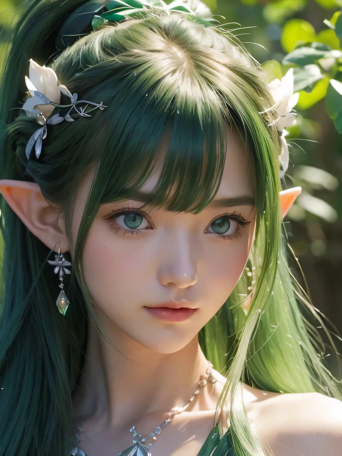 A fascinating and mysterious sorcerer emerges from the depths of a magical forest...., wears elaborate robes woven with intricate mystical symbols. dense tree々々々Soft sunlight shines in, A mysterious appearance that radiates an enchanting shine. 彼女の目は古世generationの知恵と魔法で輝いています, Delicate ivy vines and bright flowers々々々々Intertwined with her flowing hair. in the background, Inhabited by mythical creatures and forest spirits,clavicle、earrings、necklace、emerald green hair、green eyes、 1 girl, delicate eyes, double eyelid,, necklace、close up of face、close up of face、20generation、all green hair、green eyes、close up of face、elf ears、serious expression、Brown headband、random pose、twin tails、ponytail、smile、