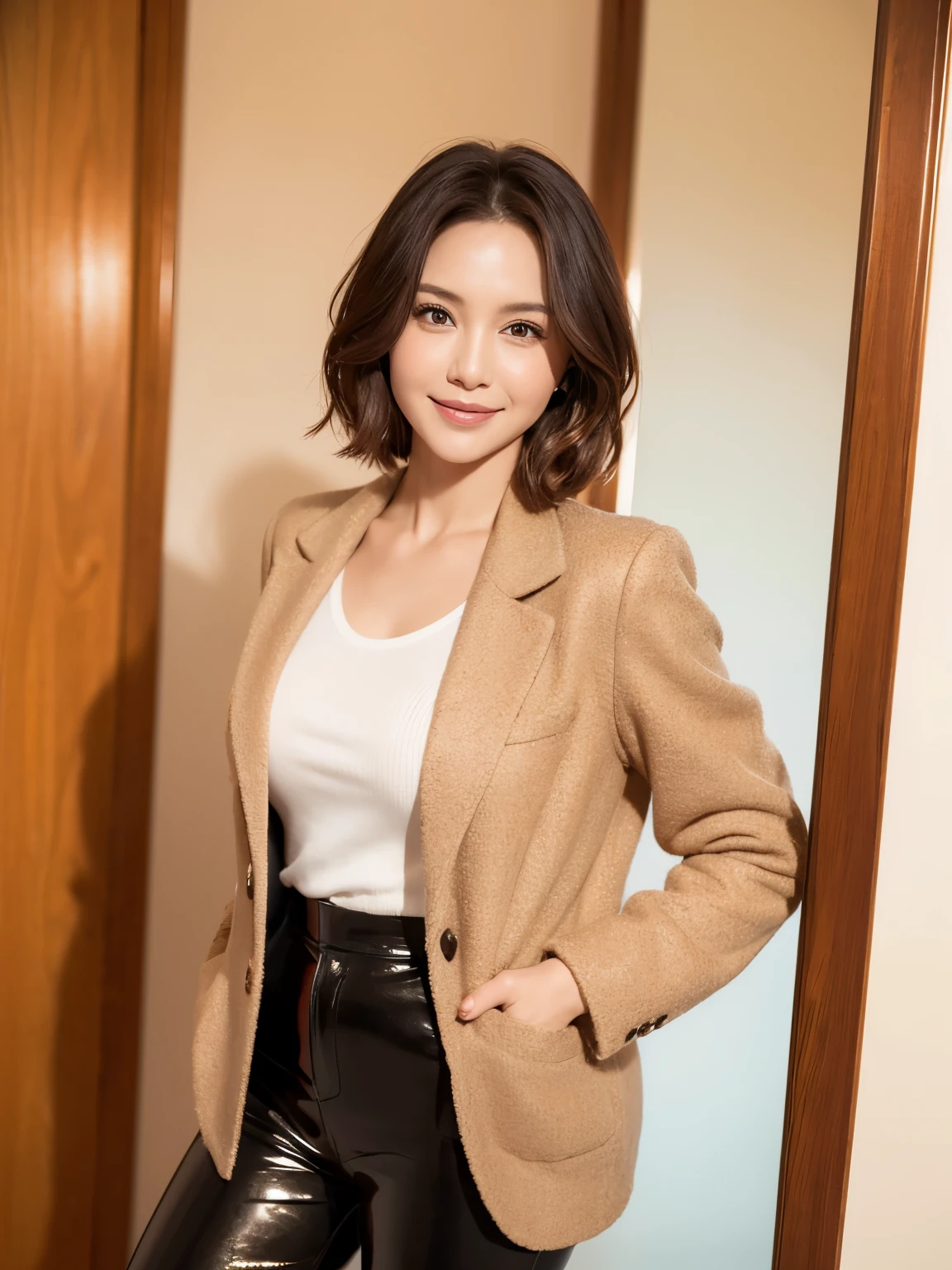 masterpiece,highest quality, (1 milf、38 years old), ((close:0.5)), glare, wool jacket,genuine leather pants、 white shirt, double eyelid, lip gloss, (smile:1), ((close your eyes:0.85)), ((looking at the viewer))、(The whole body is reflected)、((Are standing)), to be born, (From above:0.2), ((no one)), (office)、written boundary depth、(reddish brown wet shiny short hair,),red mouth,clavicle、full body portrait、digital illustration, (Photoreal:1.3),(Raw photo.)
