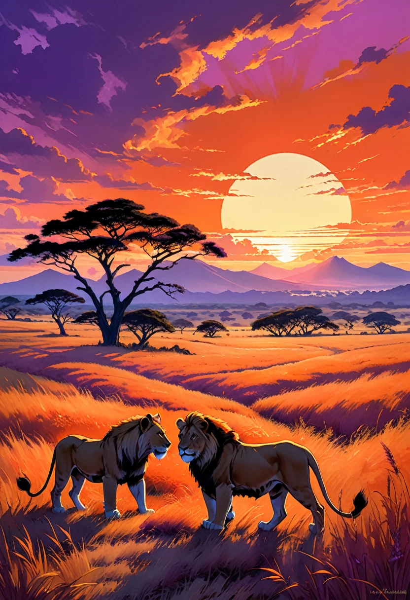 Serengeti sunset casting long shadows over a pride of lions, savanna grass swaying gently, distant acacia trees silhouetted against a fiery sky, color palette of deep oranges and purples, digital painting, ultra fine detail, golden ratio composition., Art by Ayami Kojima, Hiroaki, aesthetic Marika Kohno, Toru Asakura. manga style+. Studio Ghibli Genshin Impact