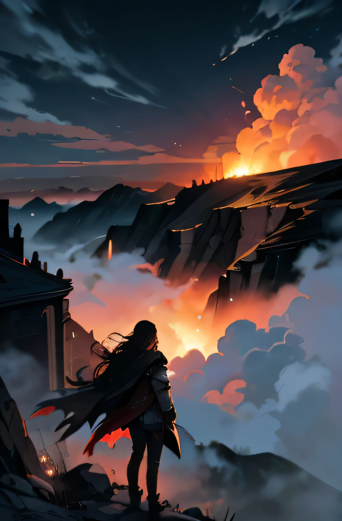 Design a book cover from the given details accordingly; Title of the book: Legends of the dark Knight. at the top of the page aligned center. Below that, there should be a picture containing these descriptions: It is a bloody-red sunset between mountains; a raging fierce battle on the mountain foot; fires burning; black smokes rising to the sky; black clouds all over the sky caused by the smokes emitted from the battle; a mysterious man with long and messy hair and covered in a big torn cloak, gentle winds blowing his clothes and hairs to the right side; standing on top of a mountain cliff, looking down on the raging battle