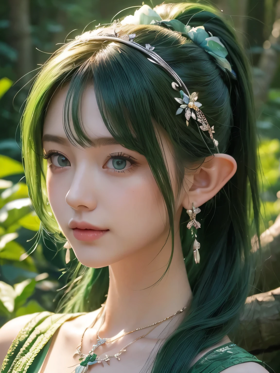 A fascinating and mysterious sorcerer emerges from the depths of a magical forest...., wears elaborate robes woven with intricate mystical symbols. dense tree々々々Soft sunlight shines in, A mysterious appearance that radiates an enchanting shine. 彼女の目は古世generationの知恵と魔法で輝いています, Delicate ivy vines and bright flowers々々々々Intertwined with her flowing hair. in the background, Inhabited by mythical creatures and forest spirits,clavicle、earrings、necklace、emerald green hair、green eyes、 1 girl, delicate eyes, double eyelid,, necklace、close up of face、close up of face、２０generation、all green hair、green eyes、close up of face、elf ears、serious expression、Brown headband、random pose、twin tails、ponytail、smile、