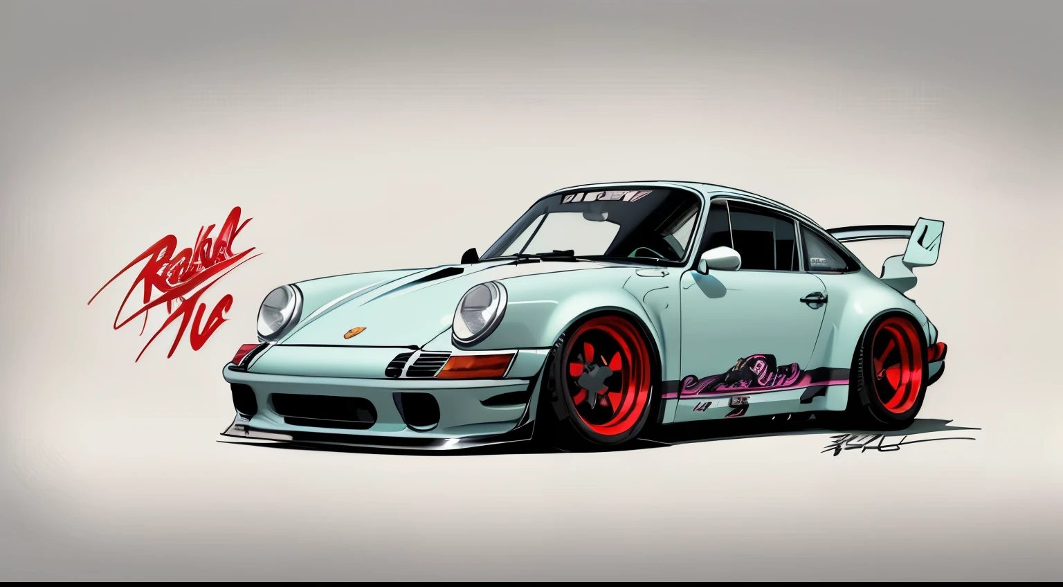 
Porsche 911 rwb, wide body, sketch, 
cartoonish, comic strip, Chip Foose car rendering, chrome wheels, bagged, slammed to the ground, 

Cool color palette，pastel colour，the detail，8K，wounded，Expose muscles，gentleness