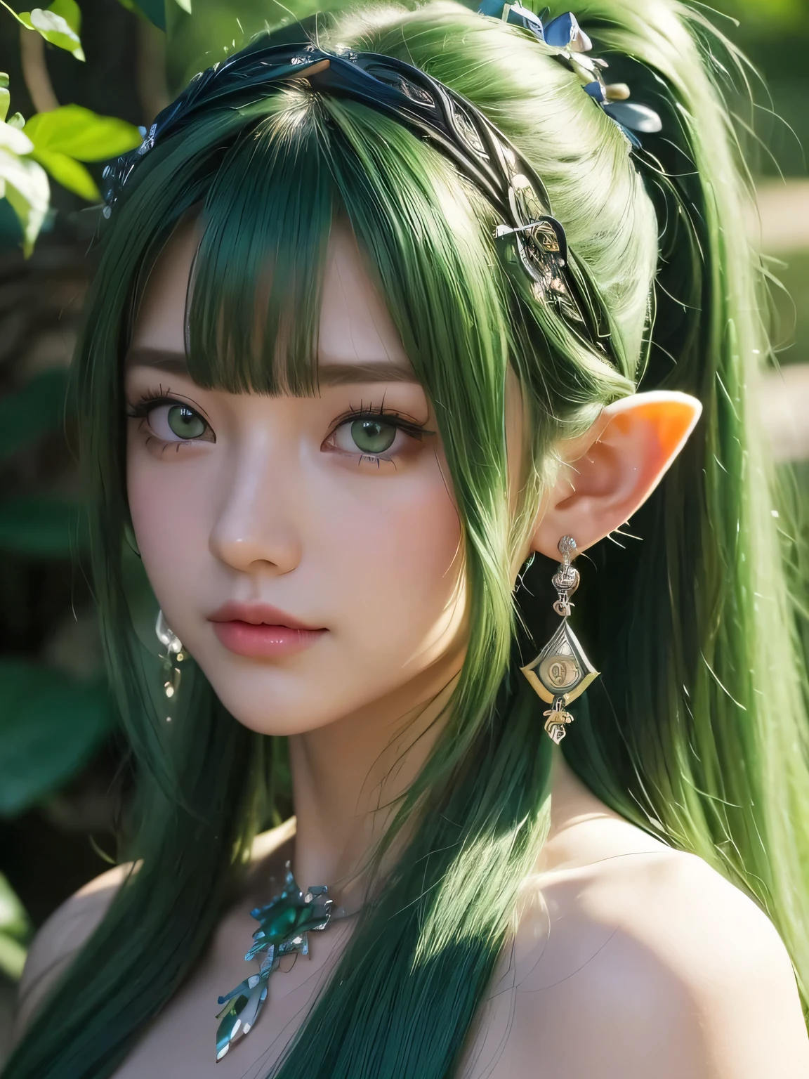 A fascinating and mysterious sorcerer emerges from the depths of a magical forest...., wears elaborate robes woven with intricate mystical symbols. dense tree々々々Soft sunlight shines in, A mysterious appearance that radiates an enchanting shine. 彼女の目は古世generationの知恵と魔法で輝いています, Delicate ivy vines and bright flowers々々々々Intertwined with her flowing hair. in the background, Inhabited by mythical creatures and forest spirits,clavicle、earrings、necklace、emerald green hair、green eyes、 1 girl, delicate eyes, double eyelid,, necklace、close up of face、close up of face、20generation、all green hair、green eyes、close up of face、elf ears、serious expression、Brown headband、random pose、twin tails、ponytail、smile、