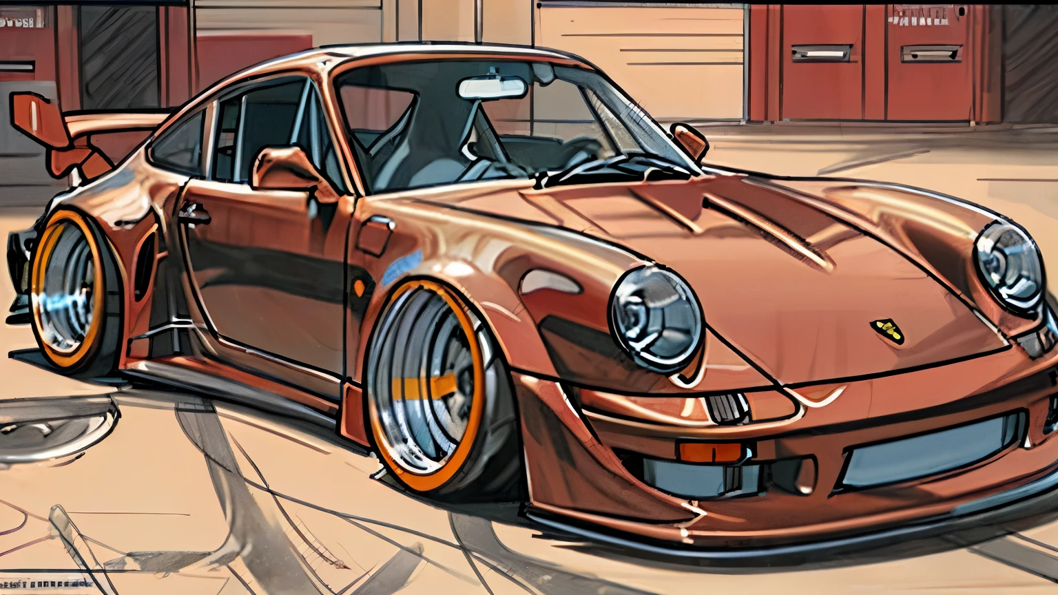 1994 brown Porsche 911 rwb, wide body, sketch, 
cartoonish, comic strip, Chip Foose car rendering, chrome wheels, bagged, slammed to the ground, 