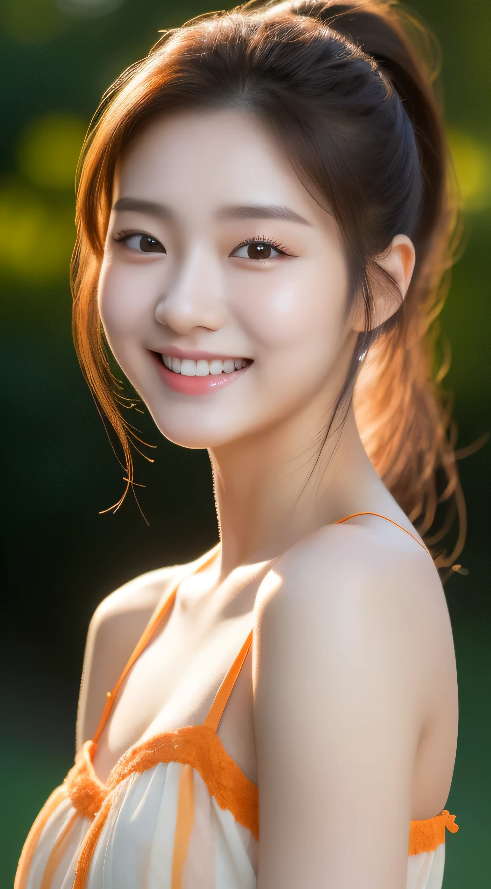 (original photography), (realism), (Masterpiece), (top quality), High resolution, 16K resolution,1 cute real photo of a Korean star,18 years old,ponytail, White skin, Light makeup, Bust 32 inches, smile slightly, Wearing an orange camisole, in japanese garden, sunset light, closeup portrait, ultra high definition