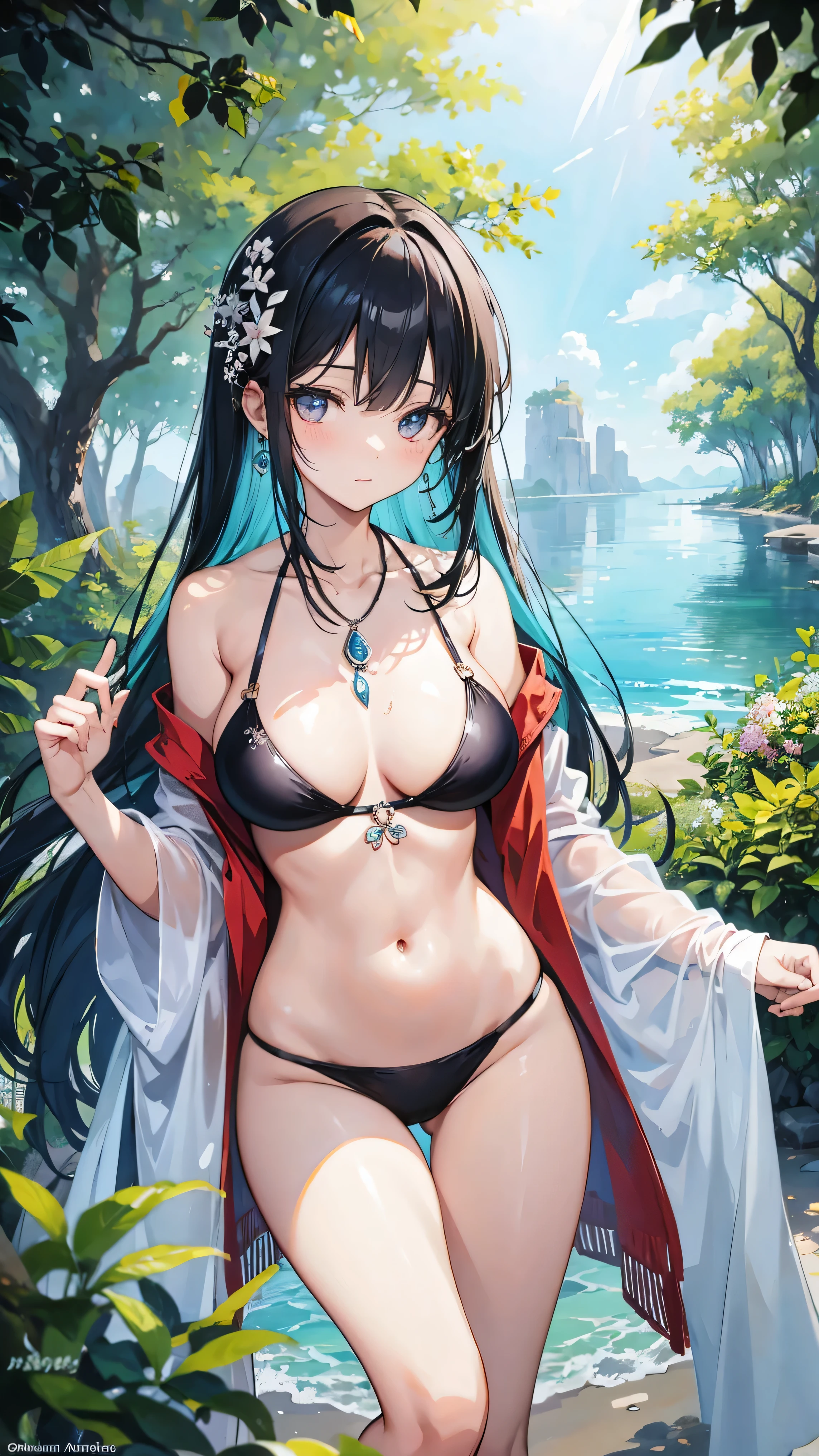 a girl wearing an anime necklace, a long necklace and earrings, in the style of tranquil garden landscapes, color animation photos, Masami Teraoka, aquamarine, Paulo Gauguin, Embry Style, honest portrait, bikini, sexy