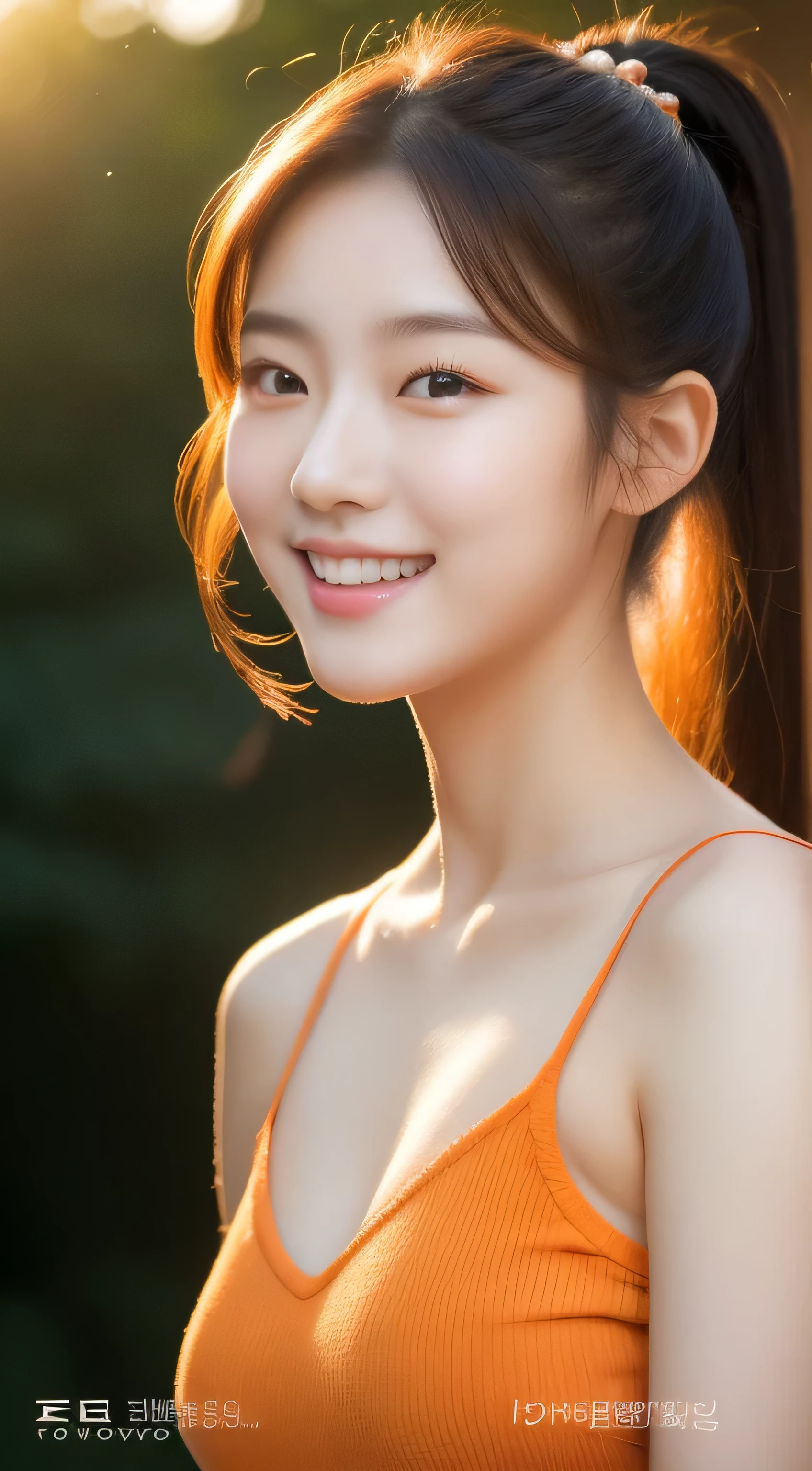 (original photography), (realism), (Masterpiece), (top quality), High resolution, 16K resolution,1 cute real photo of a Korean star,18 years old,ponytail, White skin, Light makeup, Bust 32 inches, smile slightly, Wearing an orange camisole, in japanese garden, sunset light, closeup portrait, ultra high definition