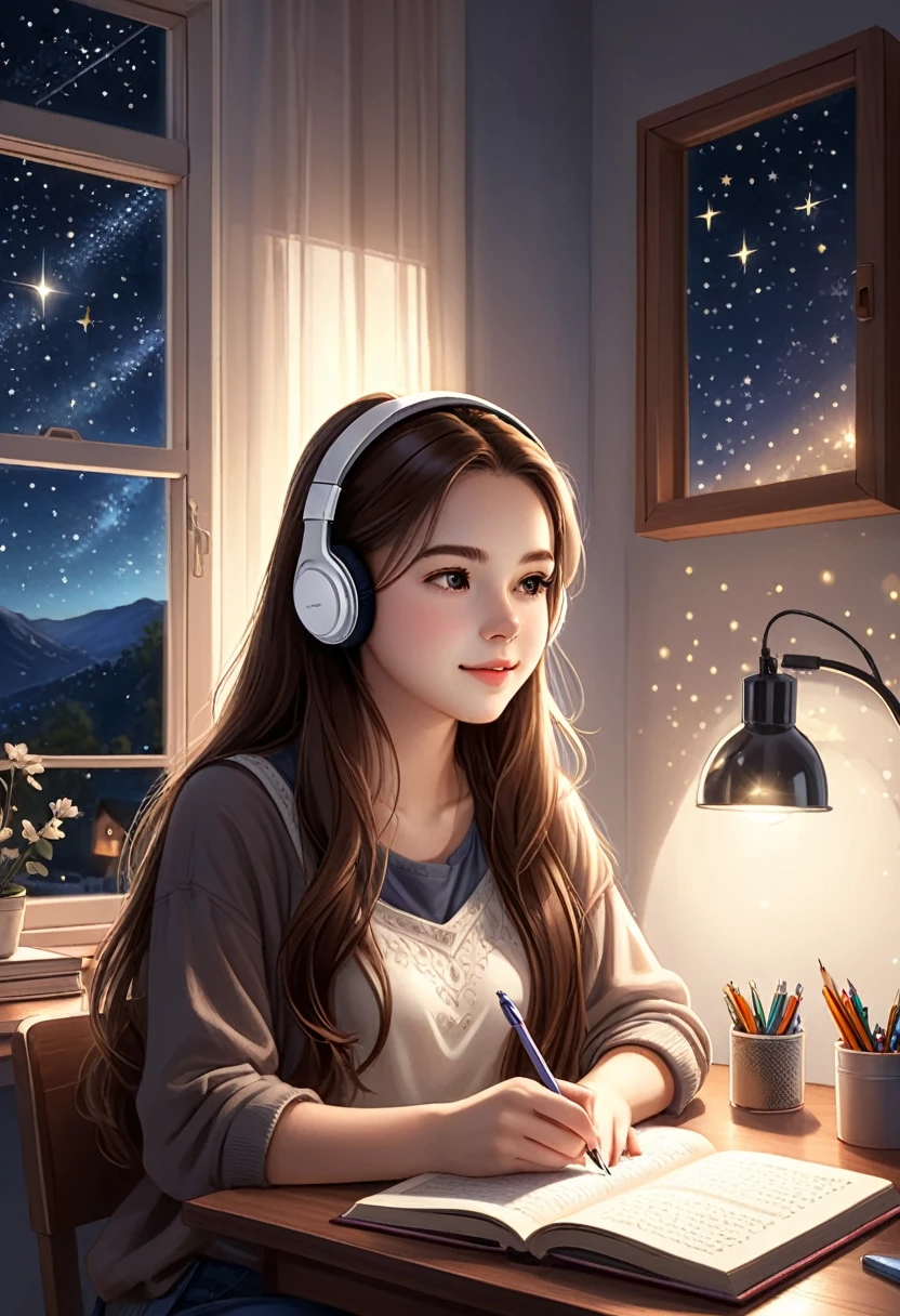 An 18-year-old woman with a heart-shaped face, blemish-free white skin, brown long hair She is studying alone in her room, taking notes in a book. The room is calm and has lighting, and the stars twinkle outside the window. The night view is shining outside the window. There is a pencil holder for writing utensils in front of her. She wears headphones and listens to music., The room has a modern interior.