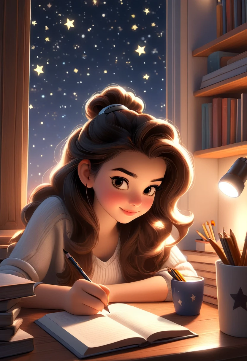 An 18-year-old woman with a heart-shaped face, blemish-free white skin, brown long hair She is studying alone in her room, taking notes in a book. The room is calm and has lighting, and the stars twinkle outside the window. The night view is shining outside the window. There is a pencil holder for writing utensils in front of her. She wears headphones and listens to music., The room has a modern interior.