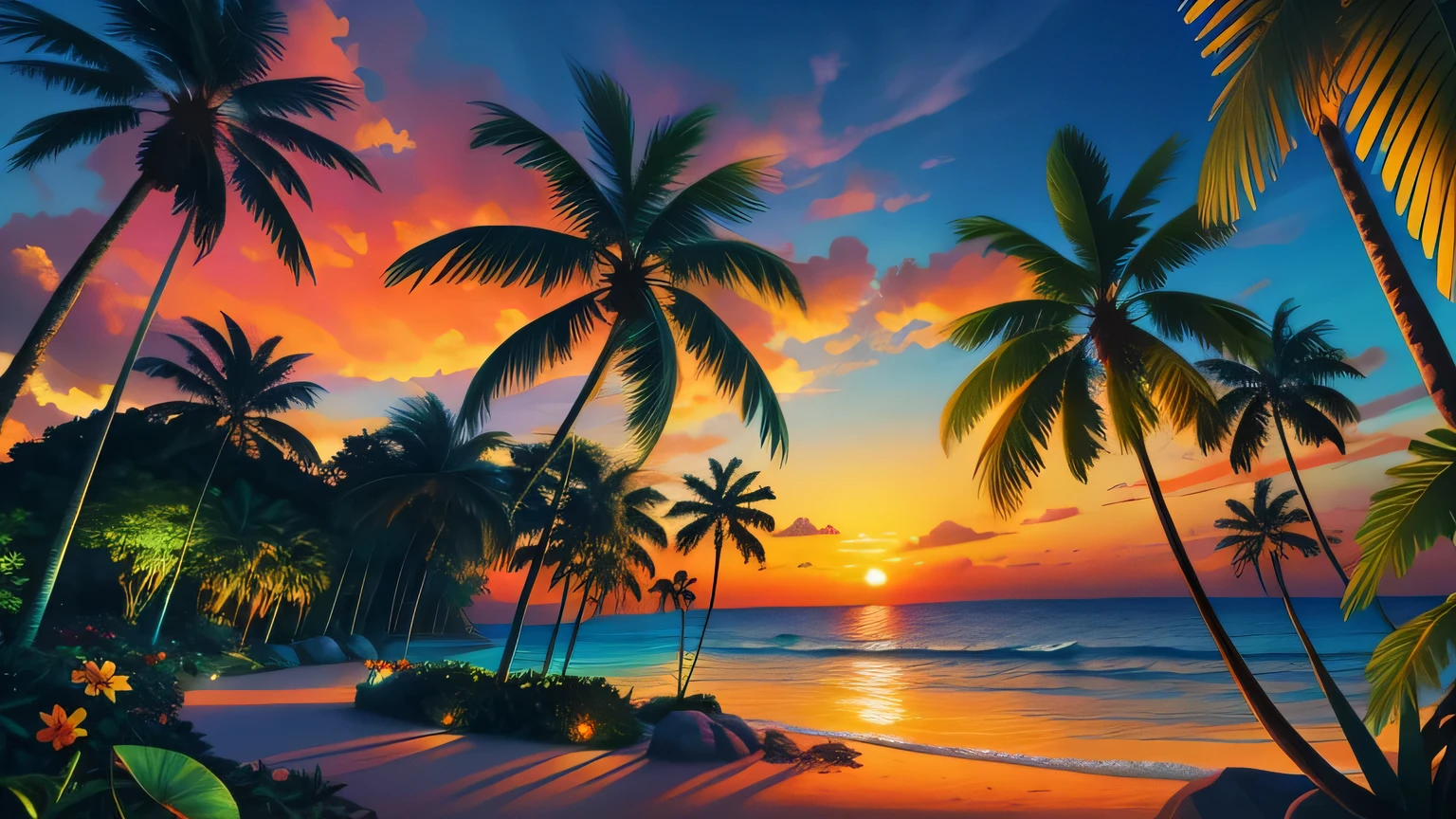 masterpiece, highest quality, Sunny beach, Vibrant tropical landscape with rolling palm trees, realistic, photo shoot, Sunny, twilight, Tropical Jungle, High resolution, flower, cinematic lighting