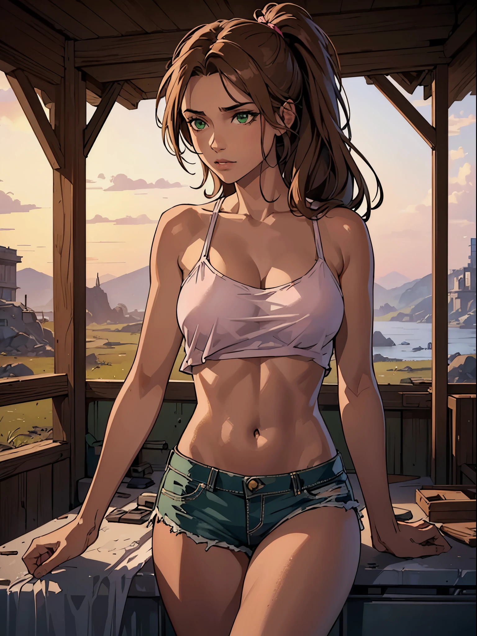 (best quality:1.4),masterpiece,ultra-detailed,delicate features,delicate skin,realism,beautiful lighting,cowboy shot,1girl,brown hair, pony tail,green eyes ,tareme, big , long hair,tanned skin, pink torn top, torn shorts, wasteland, laura croft