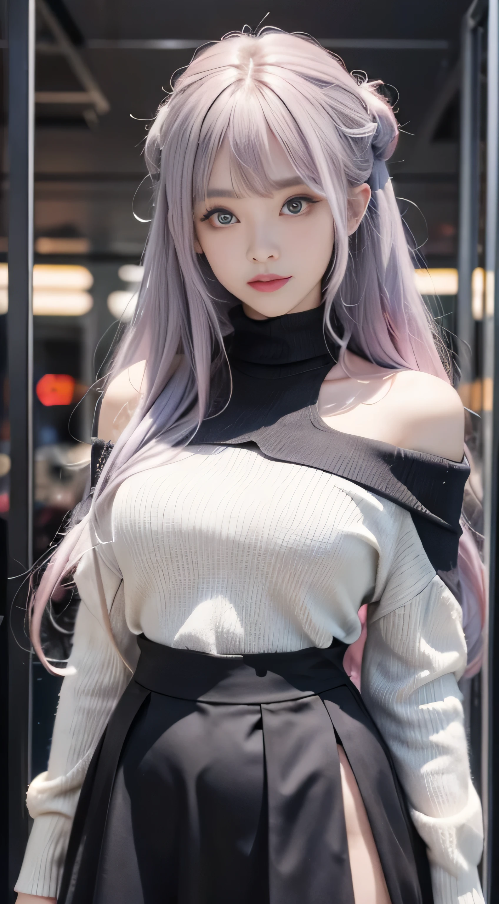 （Woman Standing In Office District）1 girl, Silver hair, striated hair, Bangs, Blunt bangs, Long hair, Pink hair, aqua eyes, longeyelashes, Purple eyes, makeup, Smile, Parted lips, Realism, Verism, surrealism, depth of fields, One-person viewpoint, F/1.8, 135 mm, canon, nffsw, retinas, masutepiece, ccurate, Anatomically correct, Textured skin, Super Detail, high details, High quality, Best Quality, hight resolution, 1080p, hard disk, 4K, 8K, （Coarse short sweater）chest hanging from shoulders、off shoulder tight skirt、