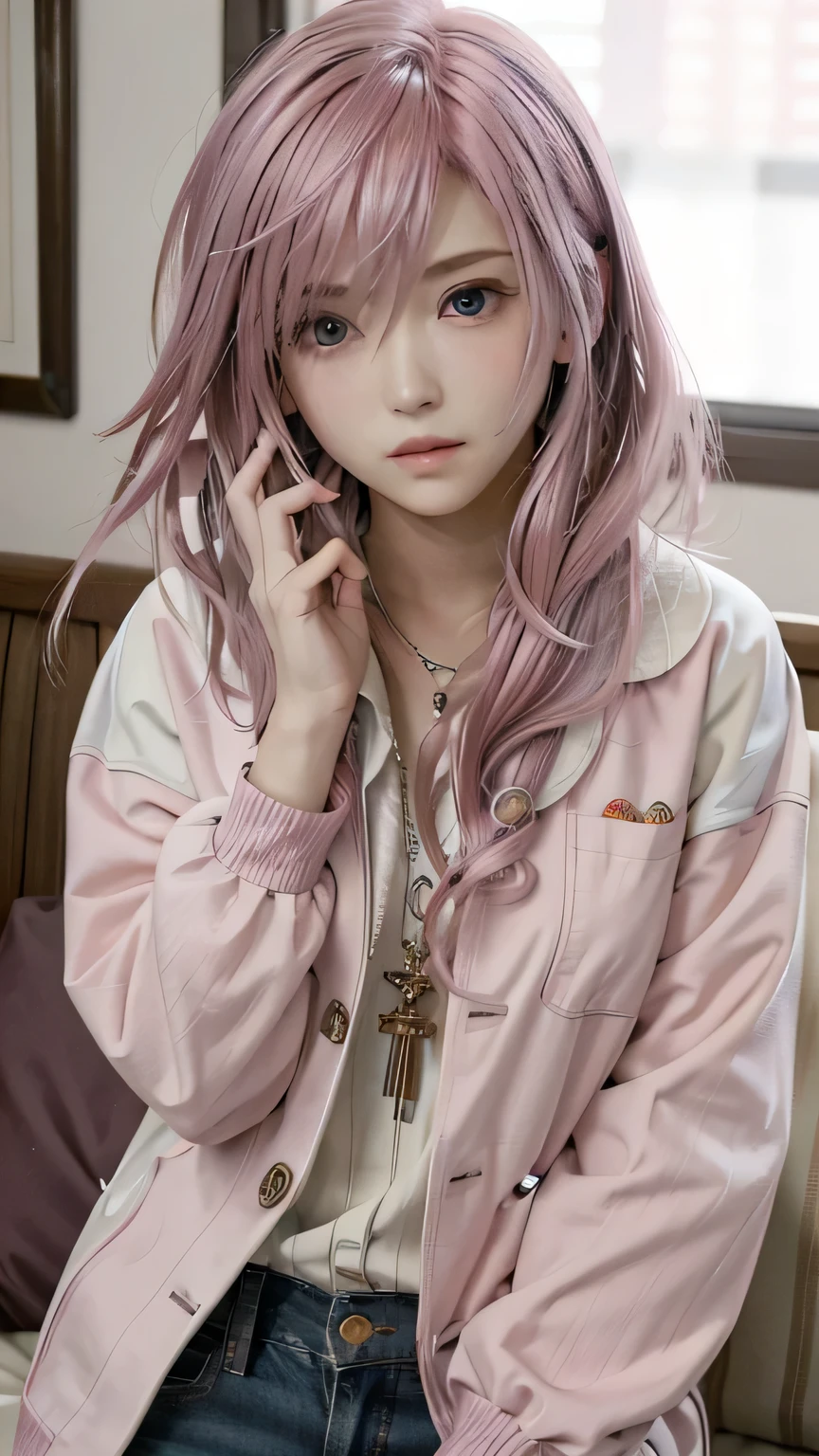 best quality,masterpiece,1girl,<lora:more_details:1>,pink hair,long hair,shining skin,<lora:jyoji fuku v4:0.2>,jyojifuku,skirt,long sleeves,shirt,simple background,upper_body,