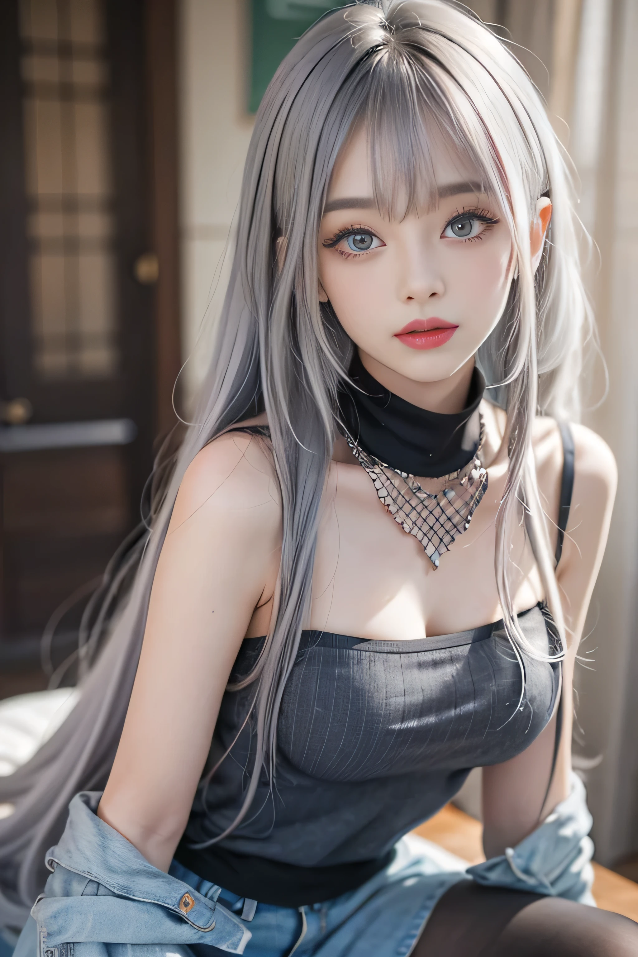 1 girl, silver hair, striped hair, bangs, 鈍いbangs, )(long straight hair), (Dark pink hair), aqua eye, long eyelashes,(blue eye makeup, smile, parted lips, realism, verism, surrealism, written boundary depth, one person'point of view, f/1.8, 135mm, canon, nffsw, retina, table top, Accurate, anatomically correct, rough skin, Super detailed, advanced details, high quality, 最high quality, High resolution, 1080p, hard disk, 4k, 8K)(full body angle)focus on face (white coarse summer sweater、off shoulder)、denim pants、mini skirt、(Fishnet tights、damage)(black high heels、pinhole tie)