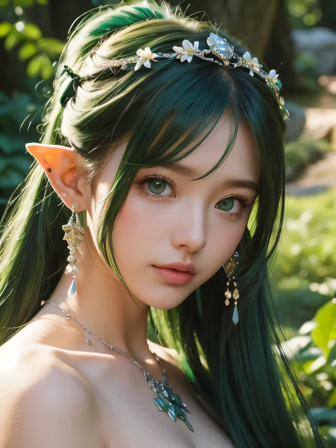 A fascinating and mysterious sorcerer emerges from the depths of a magical forest...., wears elaborate robes woven with intricate mystical symbols. dense tree々々々Soft sunlight shines in, A mysterious appearance that radiates an enchanting shine. 彼女の目は古世generationの知恵と魔法で輝いています, Delicate ivy vines and bright flowers々々々々Intertwined with her flowing hair. in the background, Inhabited by mythical creatures and forest spirits,clavicle、earrings、necklace、emerald green hair、green eyes、 1 girl, delicate eyes, double eyelid,, necklace、close up of face、close up of face、20generation、all green hair、green eyes、close up of face、elf ears、serious expression、Brown headband、random pose、twin tails、ponytail、smile、plant tattoo on neck、