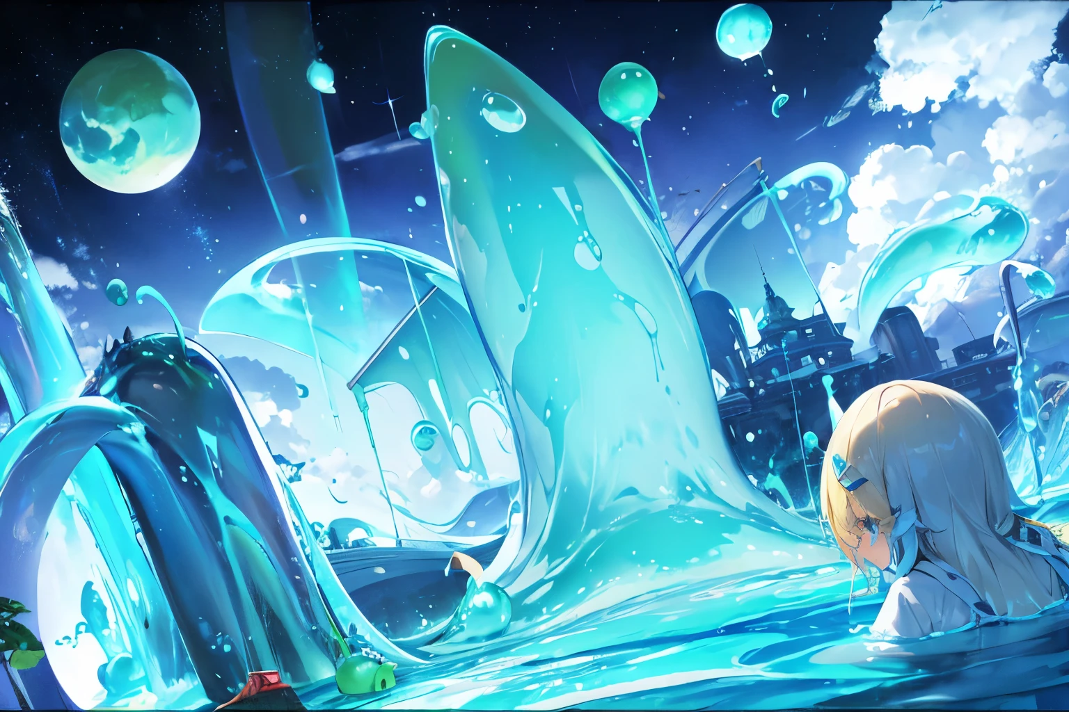 少女抱着Slime，Handsome，Mechanical，4k，Soft，HD，high quality，science fiction风，Slime，Blue，cute expression，cute，gel，Slime，non-human，science fiction，grand background，Cure，science fiction的背景，exquisite background