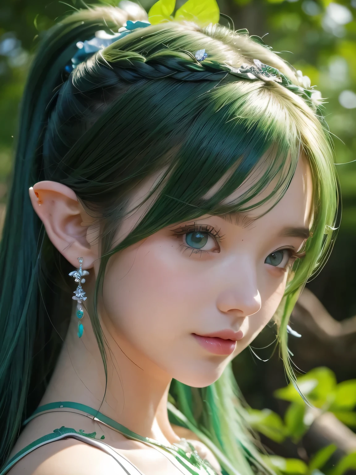 A fascinating and mysterious sorcerer emerges from the depths of a magical forest...., wears elaborate robes woven with intricate mystical symbols. dense tree々々々Soft sunlight shines in, A mysterious appearance that radiates an enchanting shine. 彼女の目は古世generationの知恵と魔法で輝いています, Delicate ivy vines and bright flowers々々々々Intertwined with her flowing hair. in the background, Inhabited by mythical creatures and forest spirits,clavicle、earrings、necklace、emerald green hair、green eyes、 1 girl, delicate eyes, double eyelid,, necklace、close up of face、close up of face、２０generation、all green hair、green eyes、close up of face、elf ears、serious expression、Brown headband、random pose、twin tails、ponytail、smile、plant tattoo on neck、