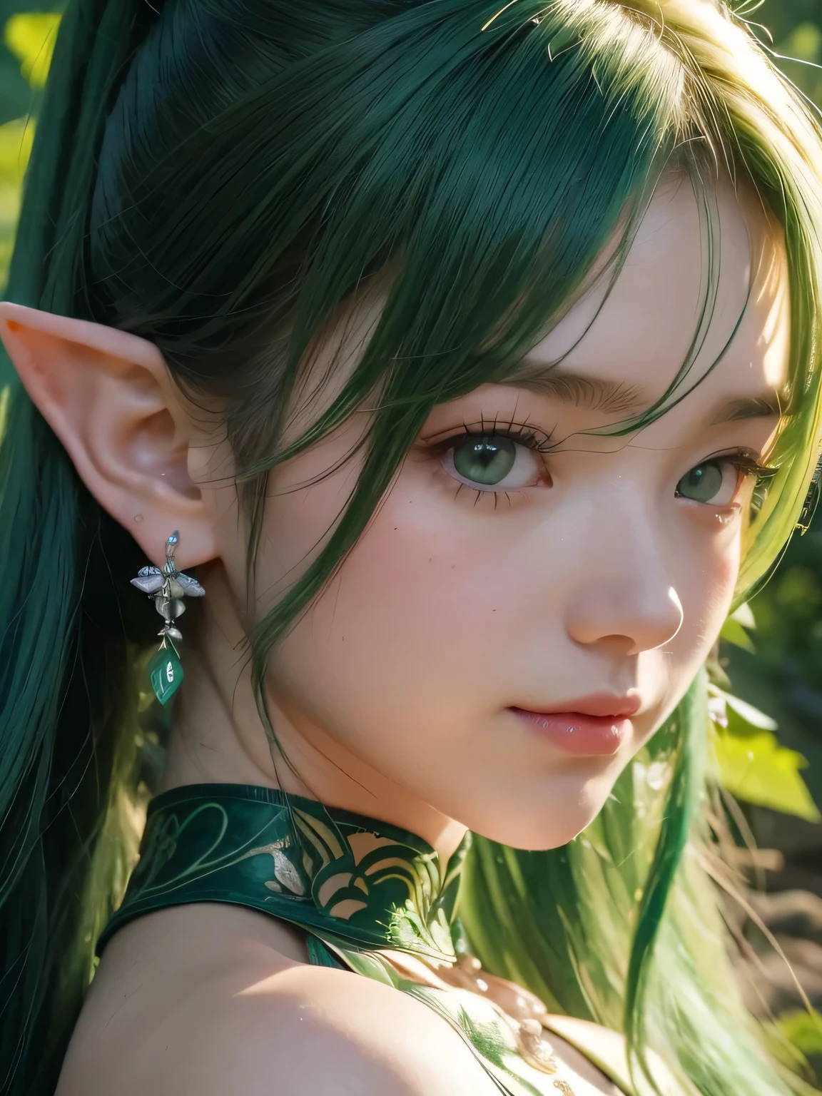 A fascinating and mysterious sorcerer emerges from the depths of a magical forest...., wears elaborate robes woven with intricate mystical symbols. dense tree々々々Soft sunlight shines in, A mysterious appearance that radiates an enchanting shine. 彼女の目は古世generationの知恵と魔法で輝いています, Delicate ivy vines and bright flowers々々々々Intertwined with her flowing hair. in the background, Inhabited by mythical creatures and forest spirits,clavicle、earrings、necklace、emerald green hair、green eyes、 1 girl, delicate eyes, double eyelid,, necklace、close up of face、close up of face、20generation、all green hair、green eyes、close up of face、elf ears、serious expression、Brown headband、random pose、twin tails、ponytail、smile、plant tattoo on neck、