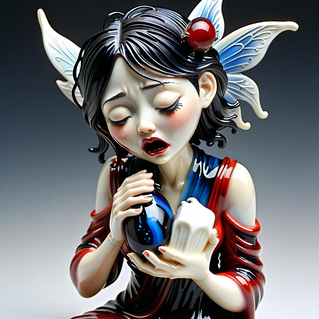 Adult crying fairy depicted in the iconic style of Sarah Andersen, clutching an ivory, black red, blue agate netsuke figurine, "crying over spilt milk", artwork by Lynn Okamoto crafted to perfection, surrealfloaters, studio setting provides sharp focus on the fairy figure, hyperrealistic textures, 32k resolution highlighting every minutiae, intricate details visible on the figurine embraced, photorealistic, 32k resolution. ultra-detailed, breathtaking surreal masterpiece. High Resolution, High Quality, Masterpiece.best quality, masterpiece, super detail