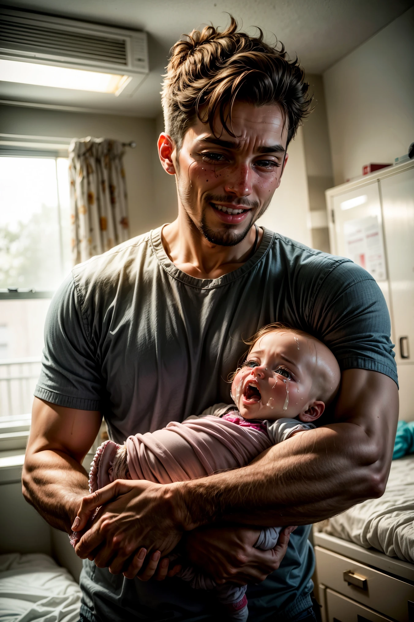 25-year-old father holds newborn baby in hospital delivery room, baby has no hair, Excited and crying, Lovely and warm atmosphere, Detailed room