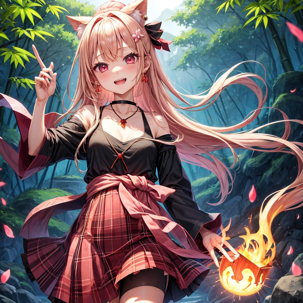 pink blonde、red eyes、one good looking girl、solo、anime、plaid mini skirt、black camisole、black t-shirt、dress、wearing a ribbon、ribbon at waist、cloak、hood、stone slabs are piled up、crystal earrings、jewelry necklace、Light and shadow、walking、clock、universe、vine plant、petal、tilting one&#39;s face、teeth are visible、fire spirit、book of magic、Cube、bamboo forest、lava、Plum blossom