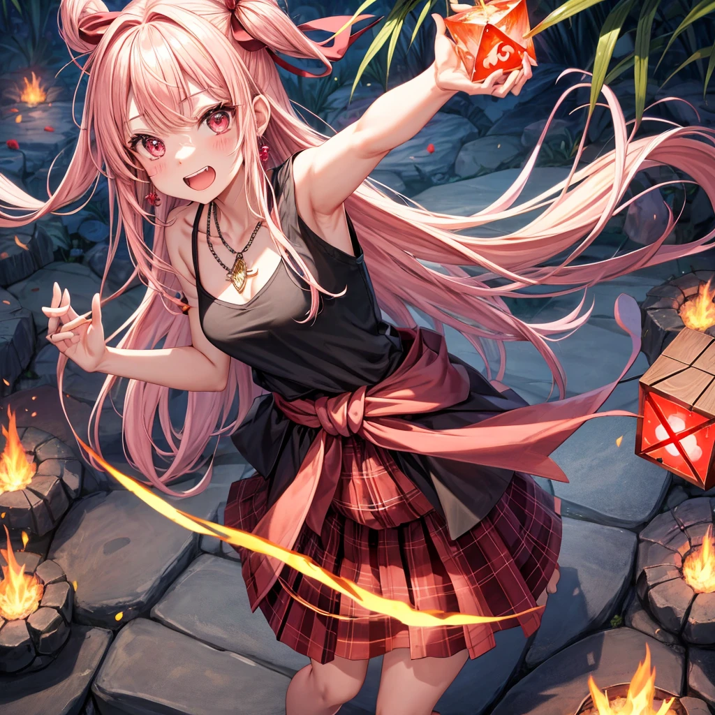 pink blonde、red eyes、one good looking girl、solo、anime、plaid mini skirt、black camisole、black t-shirt、dress、wearing a ribbon、ribbon at waist、cloak、hood、stone slabs are piled up、crystal earrings、jewelry necklace、Light and shadow、walking、clock、universe、vine plant、petal、tilting one&#39;s face、teeth are visible、fire spirit、book of magic、Cube、bamboo forest、lava、Plum blossom