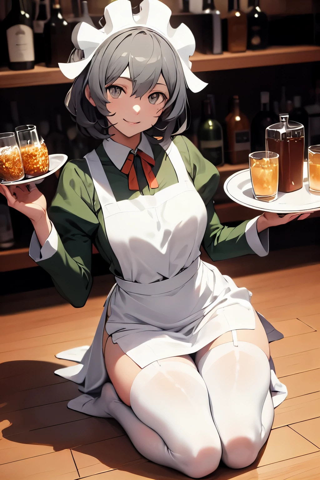 masterpiece,detailed face,detailed skin,detailed eyes,shiny skin,shiny lips,highest quality,.syr Flova, gray hair, syr,maid headdress, green long dress,(((long skirt ))),apron, smile, Happy, closed mouth, holding tray, bar, Shoulder bag,kneeling ,beautiful thighs,slender,white lace panties,white garter belt ,white pantyhose,lift skirt,slim thighs,clothed,