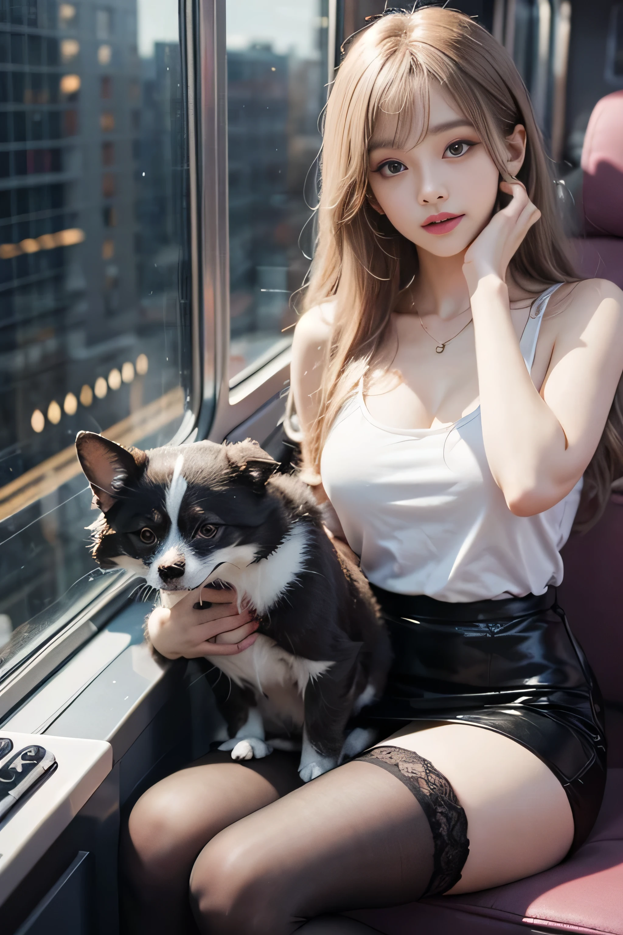 (Woman sitting on train and opening legs)1 girl, silver hair, striped hair, bangs, 鈍いbangs, )(long straight hair), (Dark pink hair), Aquas, long eyelashes,(blue eye makeup, smile, parted lips, realism, verism, surrealism, written boundary depth, one person'point of view, f/1.8, 135mm, canon, nffsw, retina, table top, Accurate, anatomically correct, rough skin, Super detailed, advanced details, high quality, 最high quality, High resolution, 1080p, hard disk, 4k, 8K)(sexy pose)focus on face (white tank top、、off shoulder)、(mini skirt)、(Fishnet tights、damage)(black high heels、pinhole tie)Behind is a skyscraper street(close your eyes))(white lace panties)