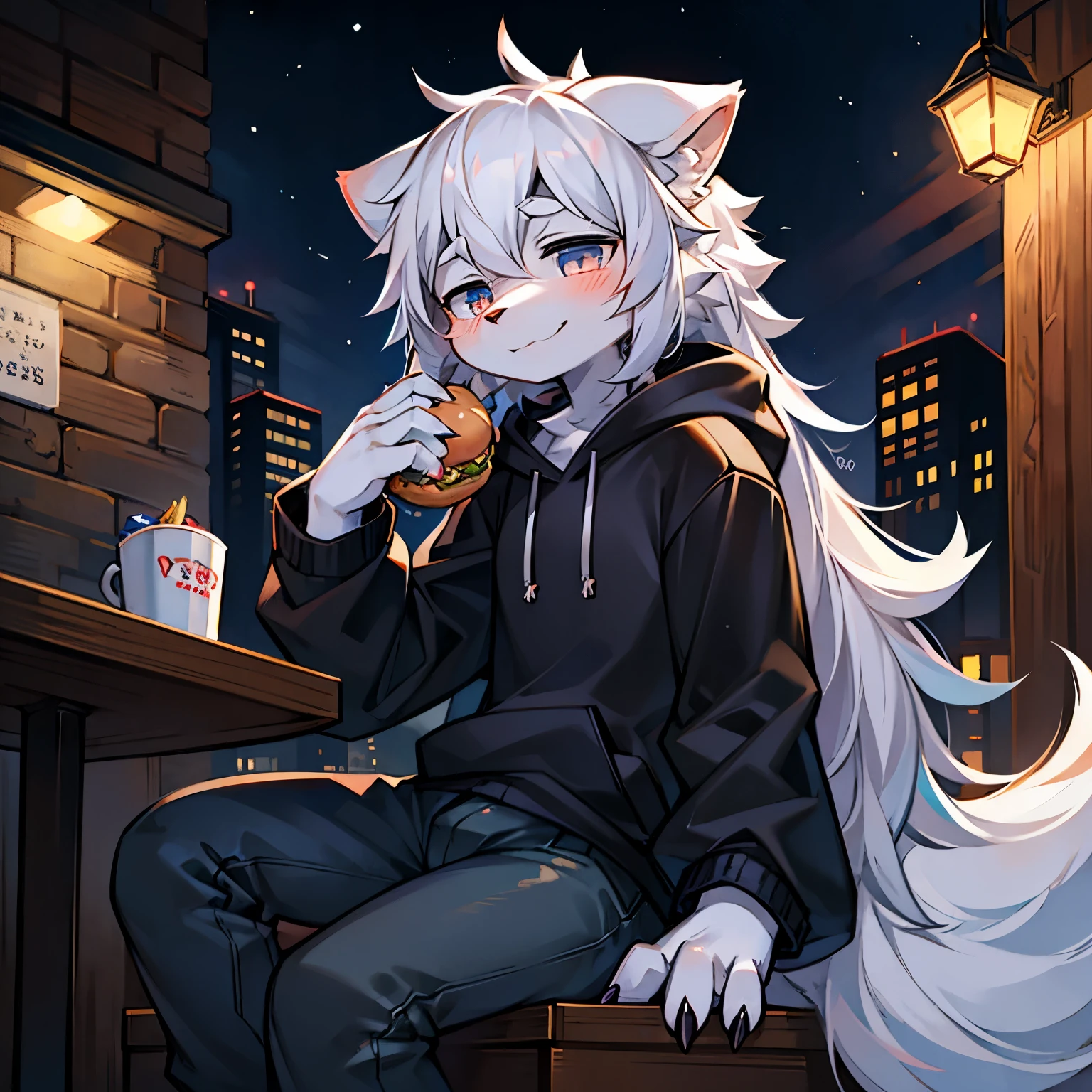 male, Furry,Fluffy tail,Emphasis on white fur,Delicate fur,attractice eyes, no blush,very long black hoodie, and cute emphasis,sitting posture,Detailed characters,A smile on his face, holding burger infront of muzzle,(1.2),Protruding claws(1.2),the night,(1.1)。pants,solo person