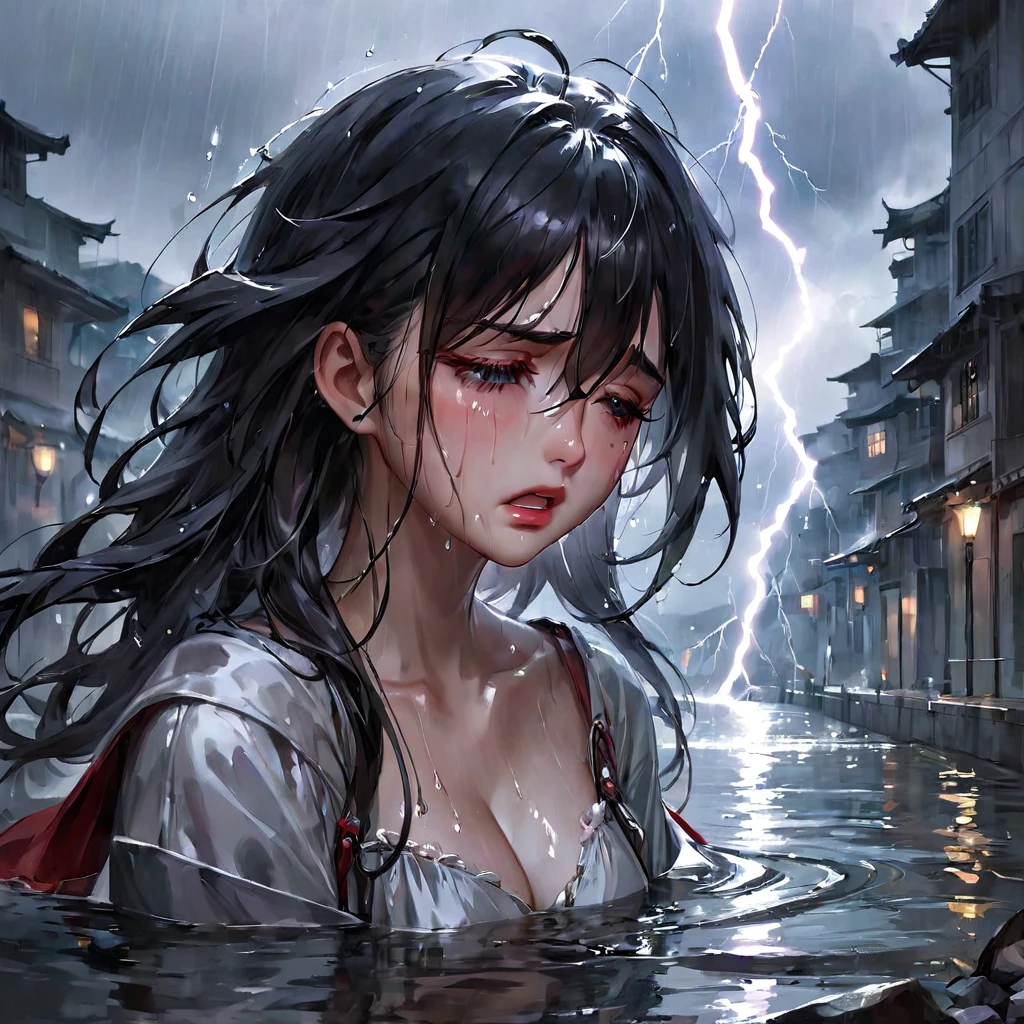 crying, aesthetic, extremely detailed, Crying eyes tears of blood as it pours its essence into the river soul, girl, by WLOP, by Artgerm, by Michael Garmash, by Rob Rey, digital art, trending on artstation, beautiful lightning, atmospheric