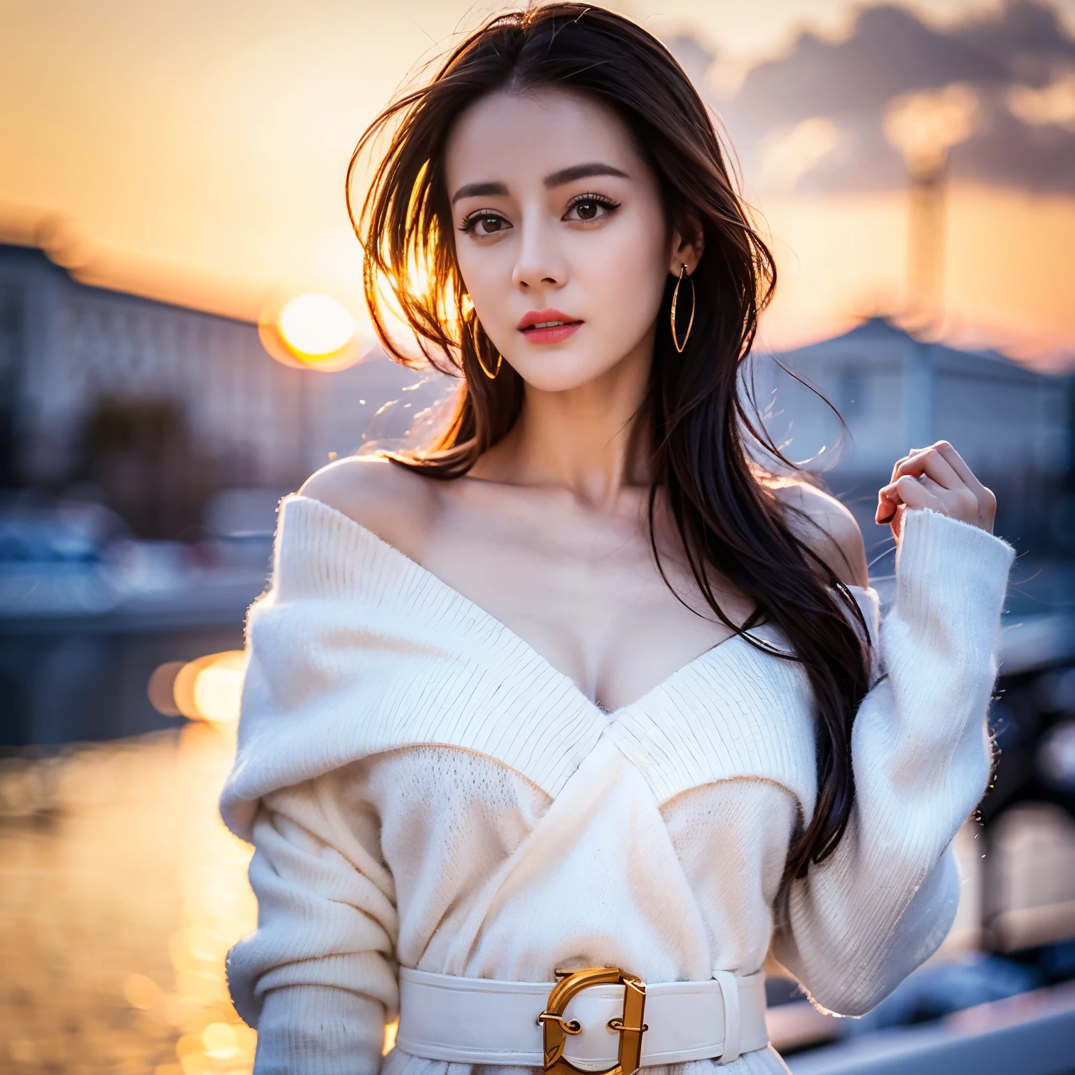 ((top quality、8k、Masterpiece:1.3))、Extremely delicate and beautiful girl,full-body shot,huge breasts,bigger breasts,amazing breast size,G cup。Wear big earrings,Very white skin,moist red lips,Waist is very thin,Thighs are very thin,big butt,fair and smooth skin,Smooth and fair skin,flawless skin,Fair and shiny skin,cold white skin,The camera focuses on the chest,Bright light,white sweater,Lower body exposed,bare shoulders,gray hair,The hair is grayish-white,heavy snow,snow mountain,sunset,Rizhao Jinshan