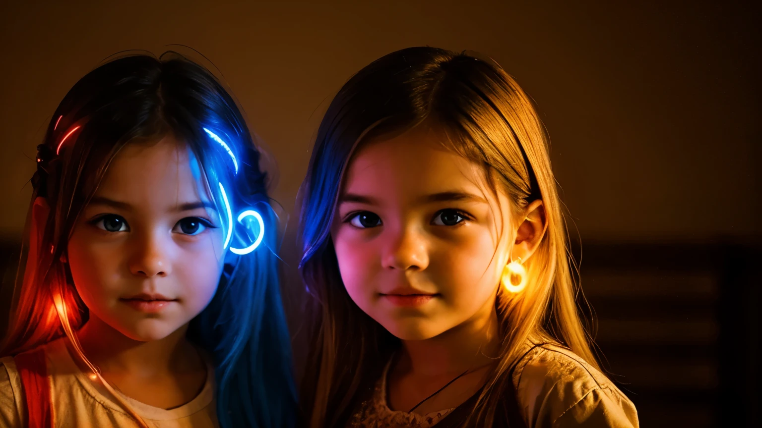 A closeup of a with long hair and lights on his head, littl with magical powers, painting digital adorable, Directed by: Hristofor Zhefarovich, portrait of magical young girl, glowing flowing hair, magic lighting overlays, menina bonita, luzes brilhantes! Pintura digital, fiber optic hair, menina bonito, cabelos eletrificados, flowing glowing hair